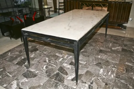 antique dining table for 8 people, featuring a light top and dark base