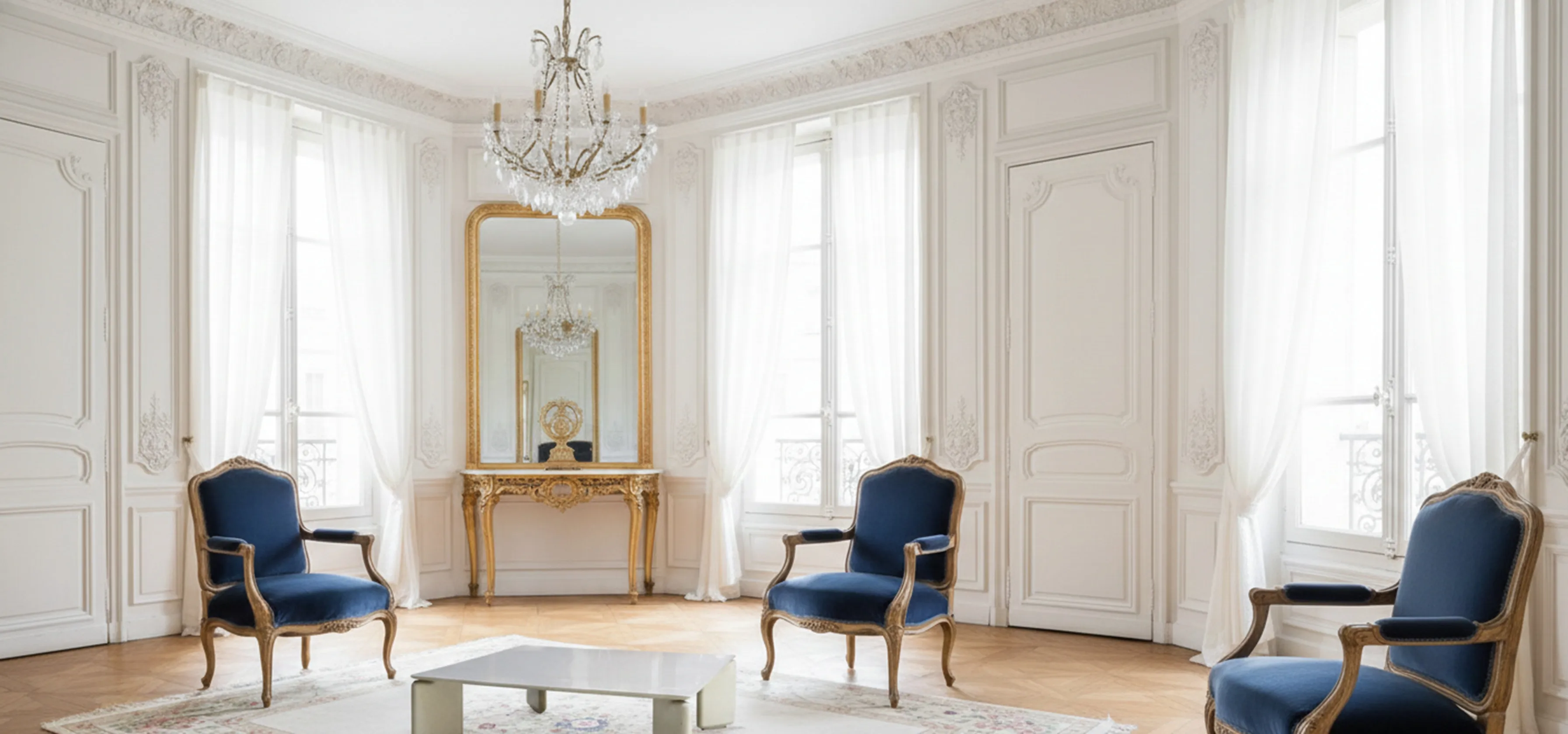 Table basse antique vico magistretti dans un cadre élégant avec des fauteuils bleus.