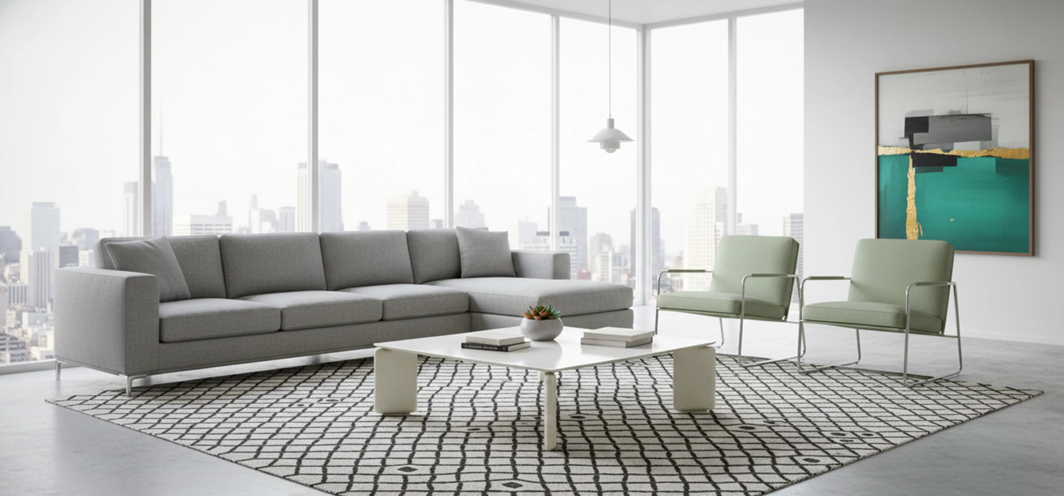 Antique coffee table in modern living room with gray sofa and city view.