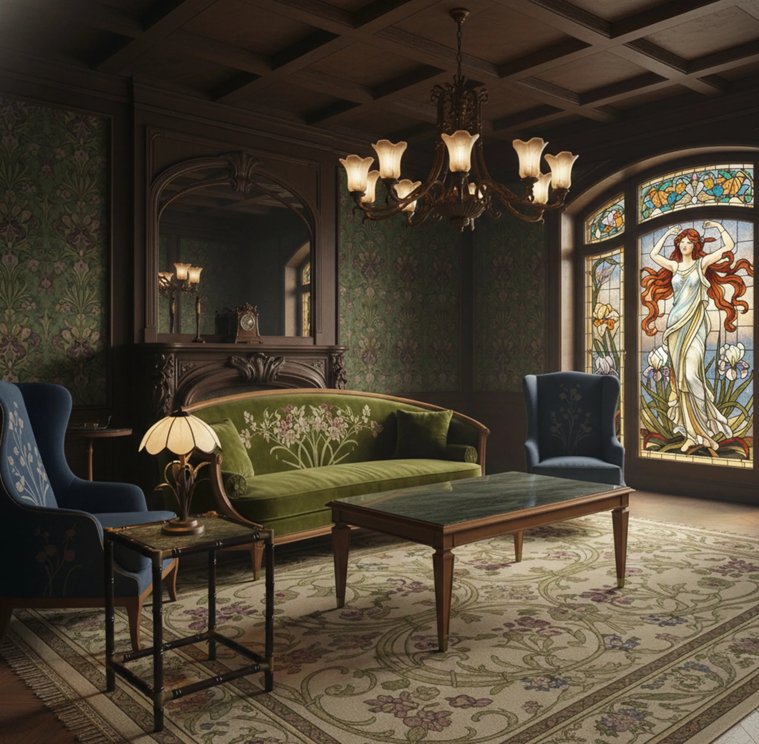 antique small table with elegant design, paired with a sofa and lamp