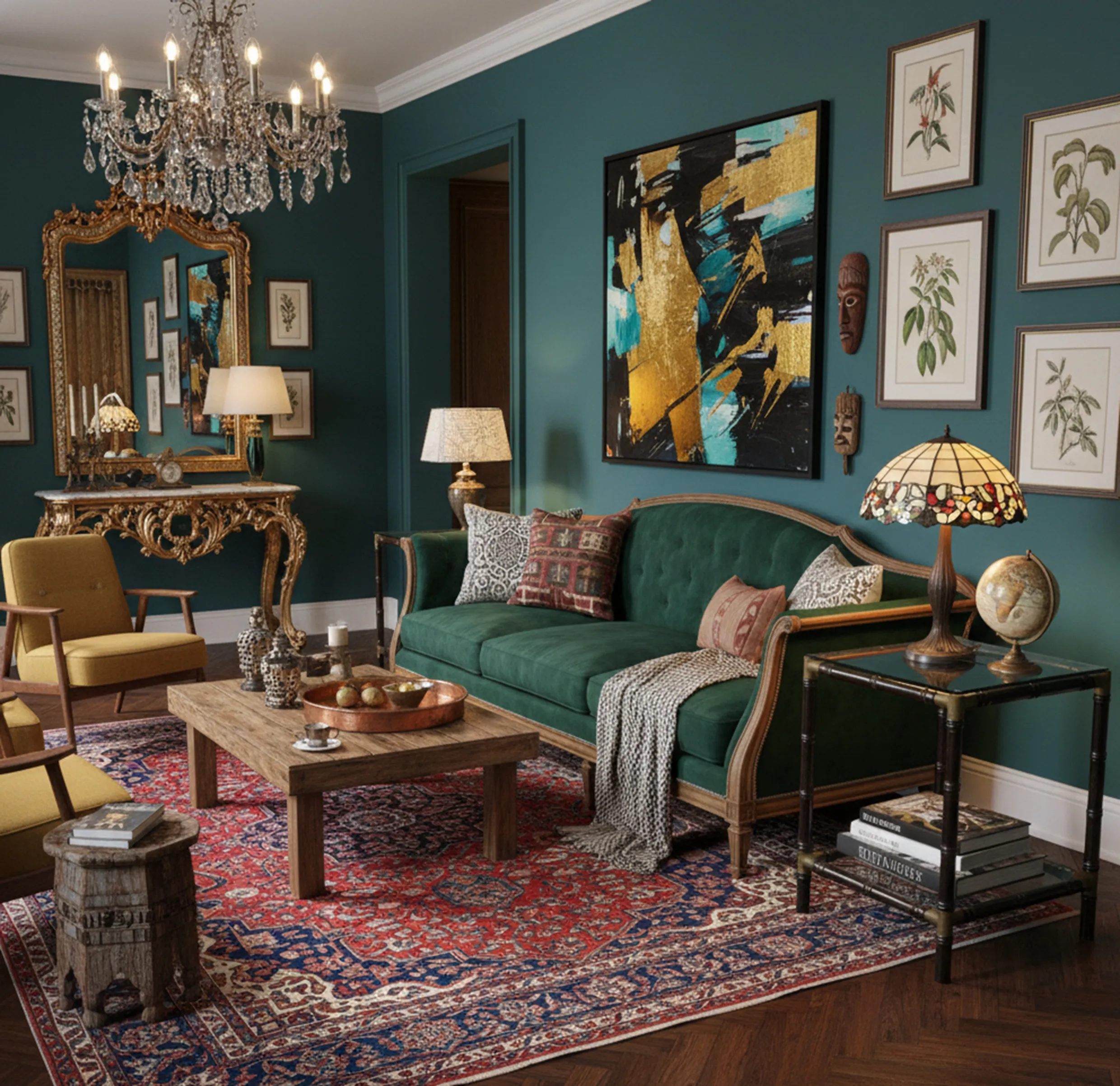 Mesita antigua con decoración acogedora en sala elegante.