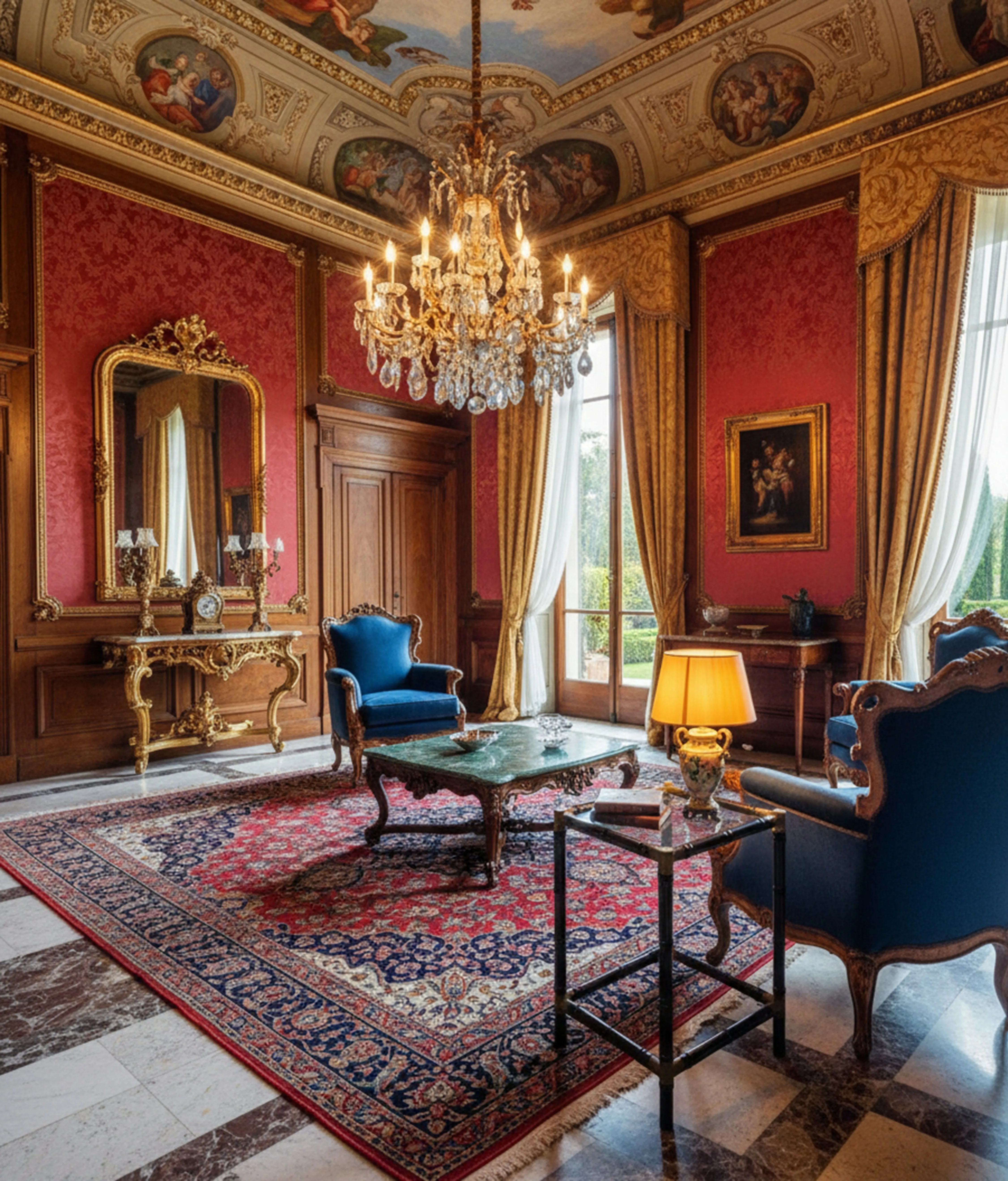 Un tavolino antico in un salone elegantemente decorato con poltrone blu e un lampadario.