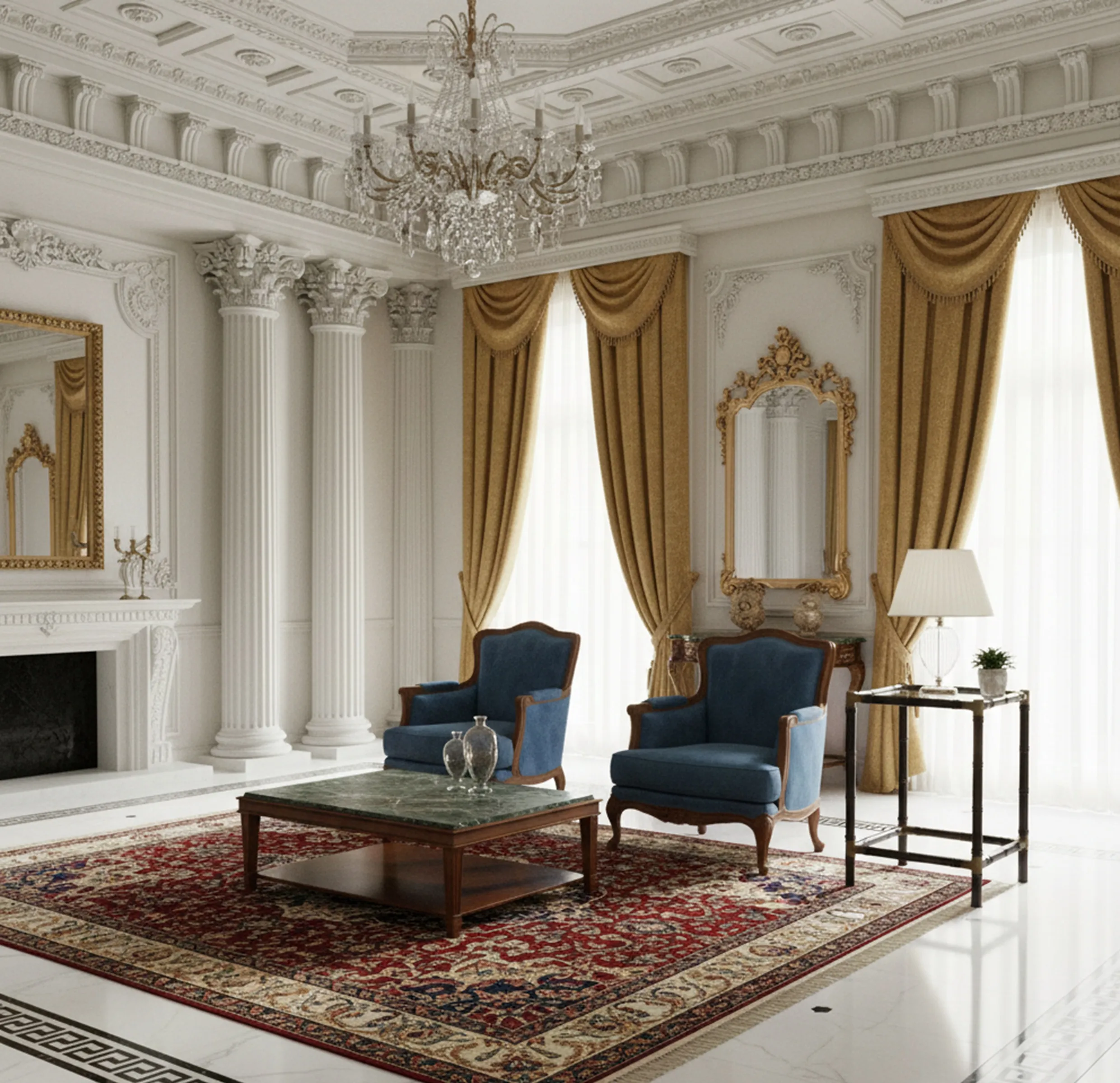 Antique small table in a classic environment with blue chairs and golden curtains.