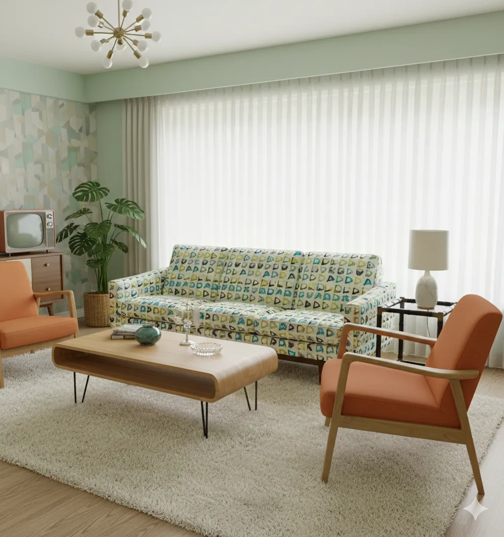 Petite table antique de William Billy Haines dans un salon confortable avec des chaises et un tapis.