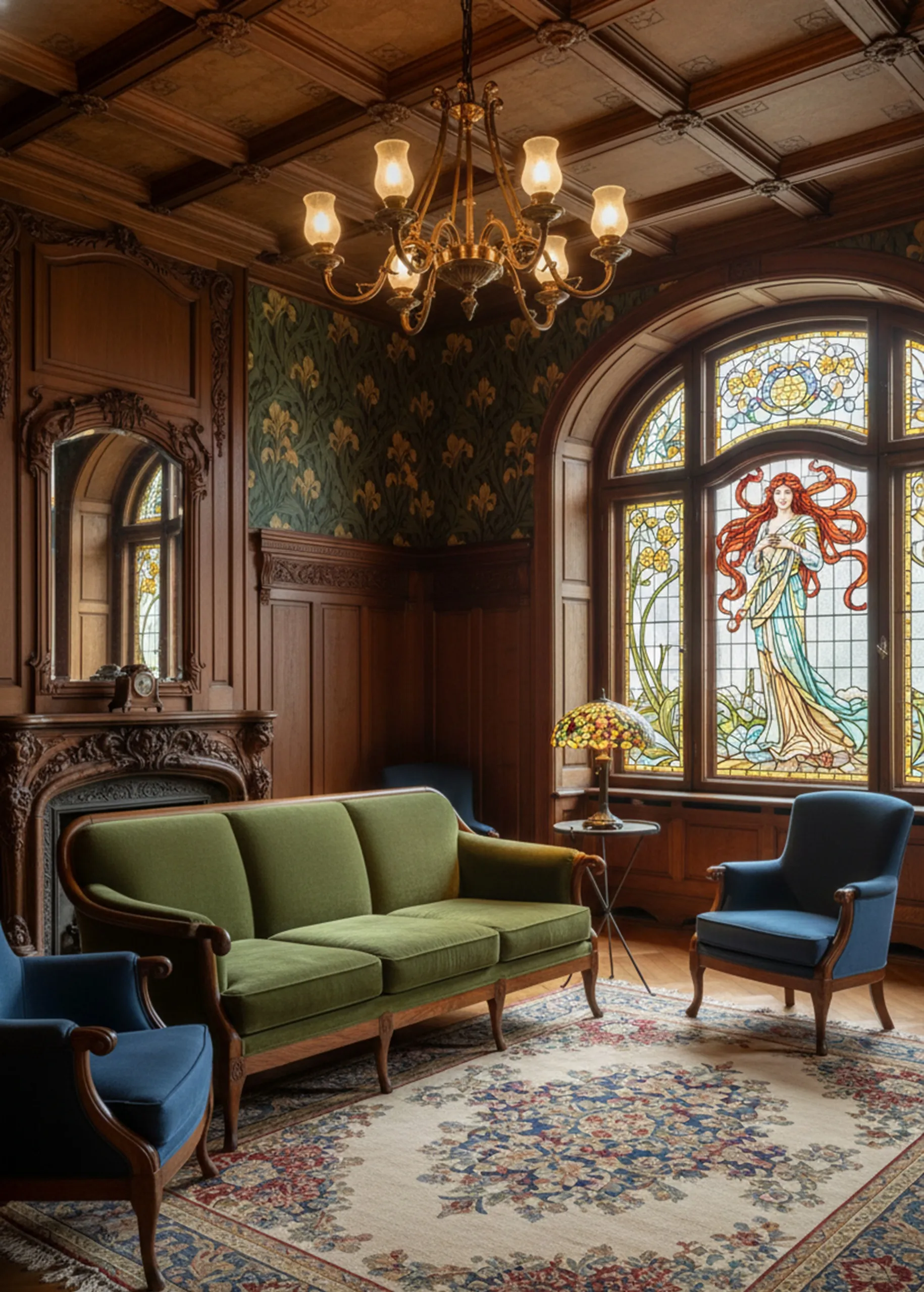 antiker kleiner Tisch neben einem grünen Sofa und blauen Stühlen in einem Wohnzimmer