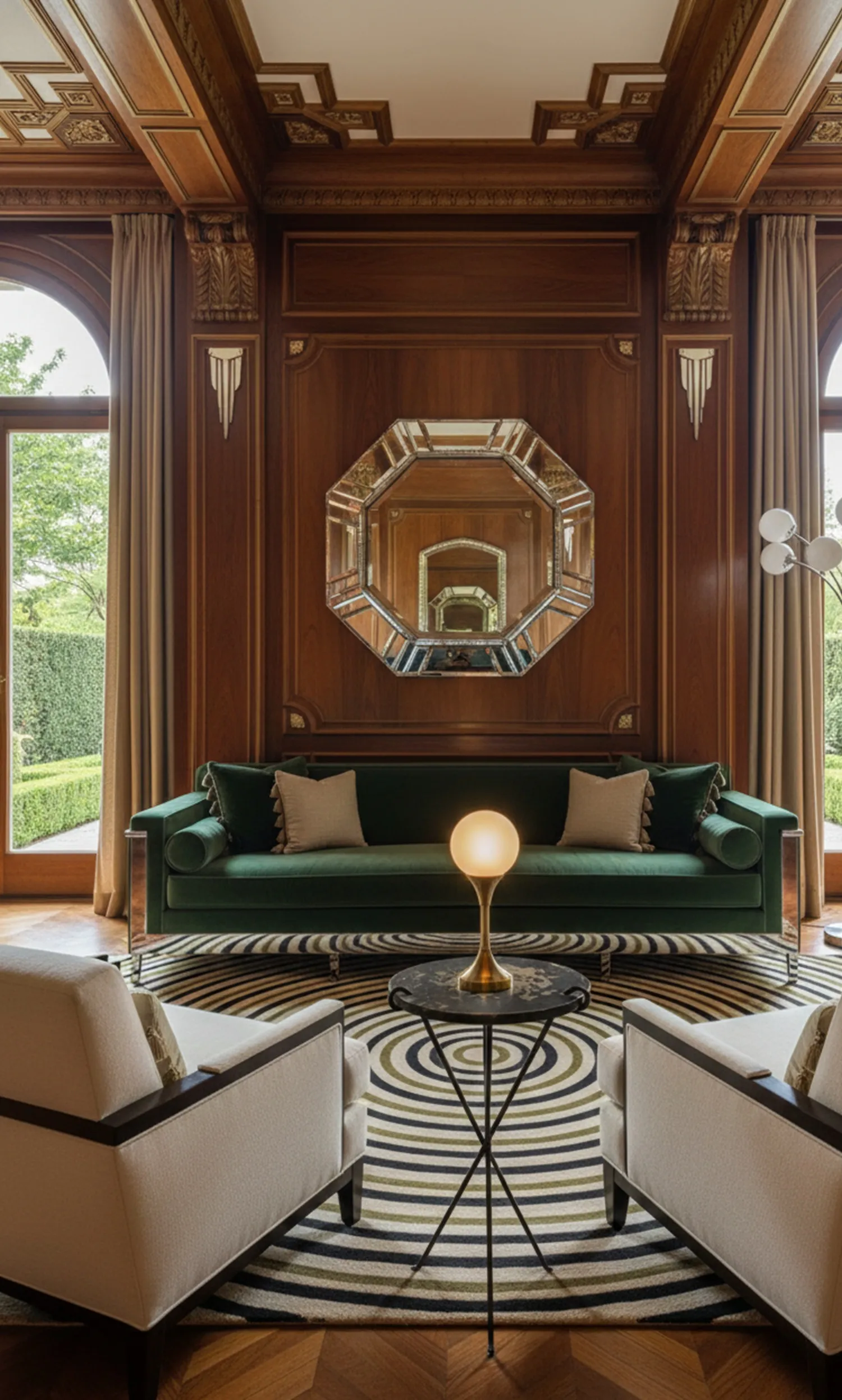 Mesinha antiga em uma sala de estar aconchegante com poltronas.