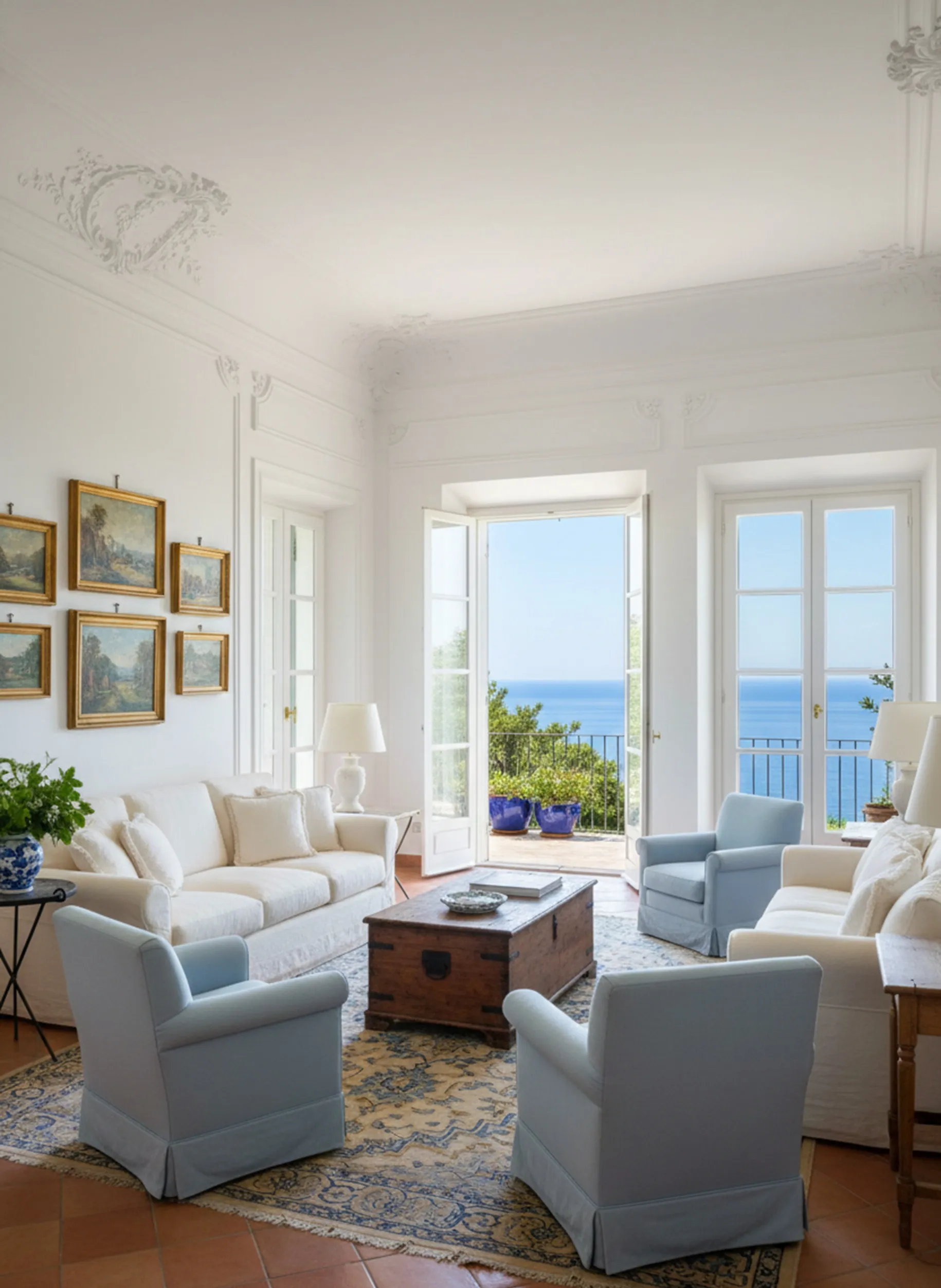 रोशनी से भरा वातावरण, छोटी प्राचीन मेज़ और नीली कुर्सियाँ