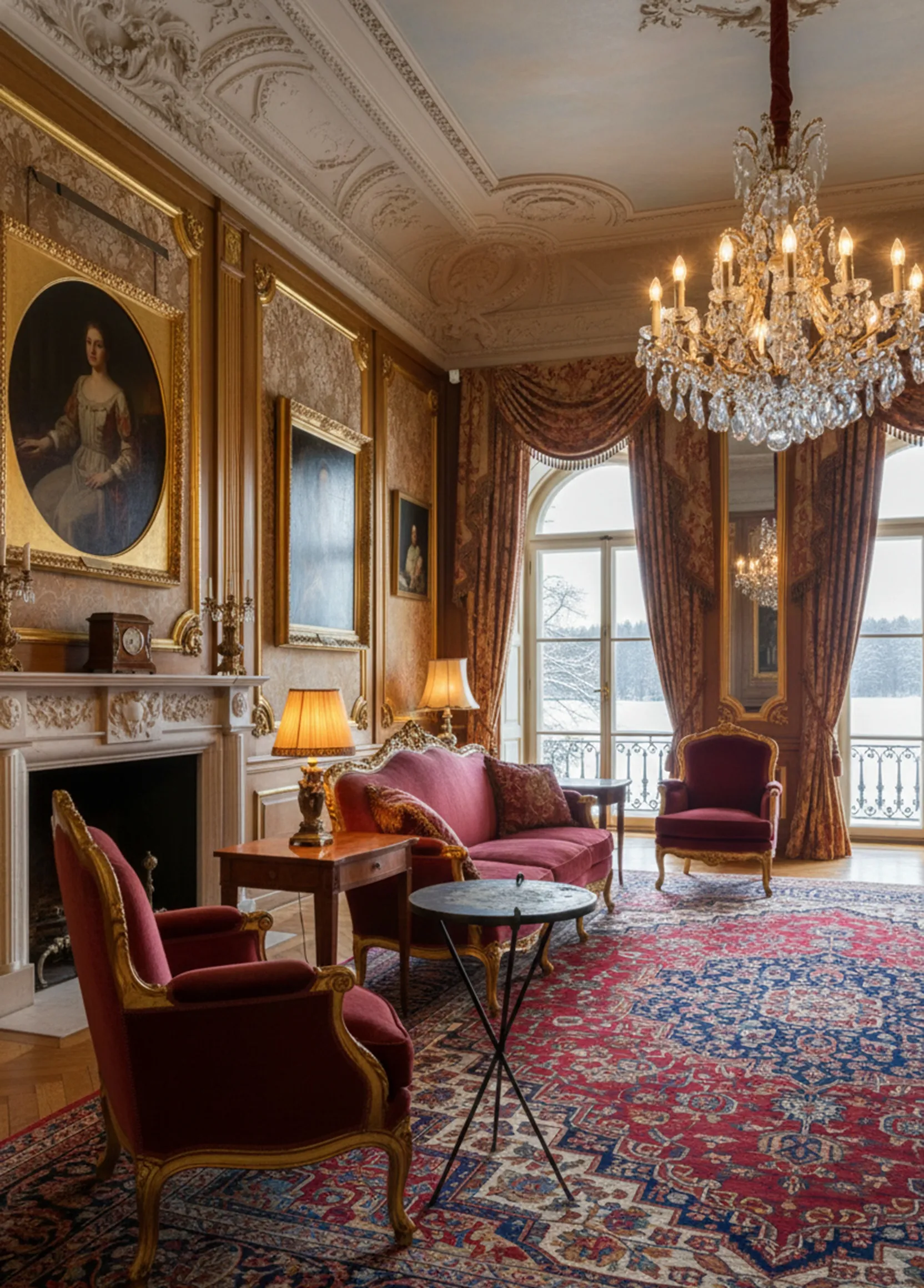 petite table ancienne avec des lampes et des œuvres d'art