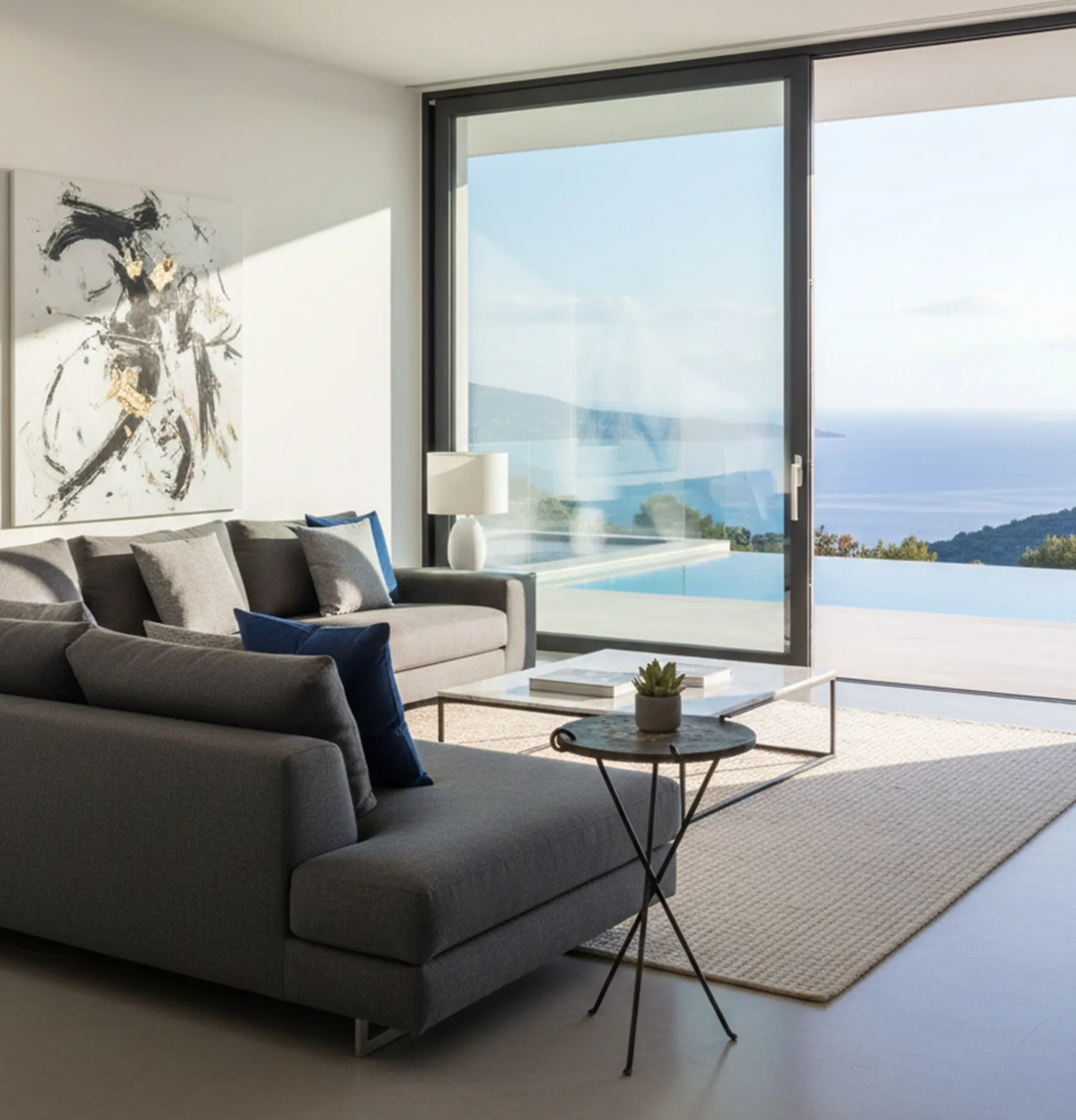 Tavolino antico in un ambiente moderno con vista mare.