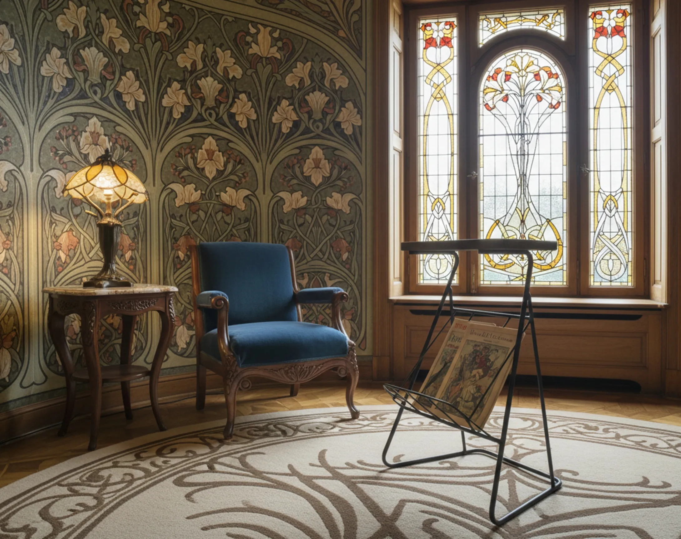 petite table ancienne à côté d'une lampe et d'un fauteuil bleu