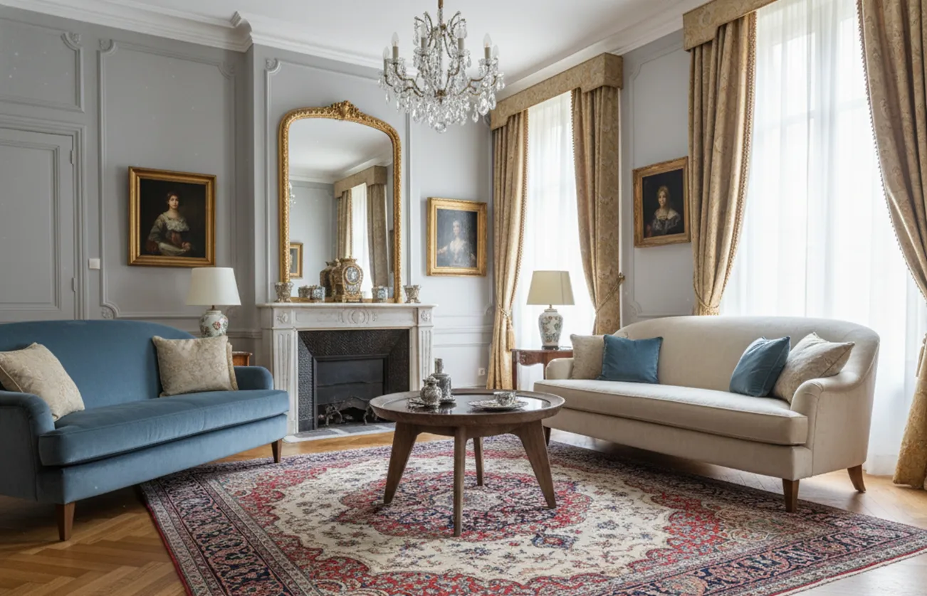 Mesa ratona antigua en salón elegante con espejos y cuadros