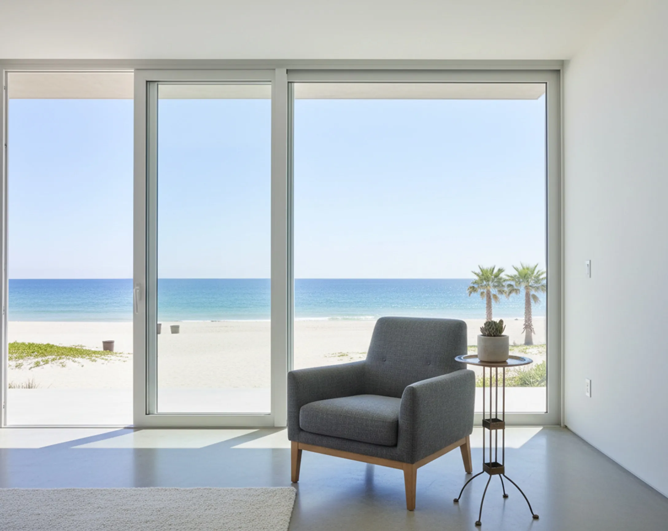 mesa antiga com vista para o mar e plantas próximas