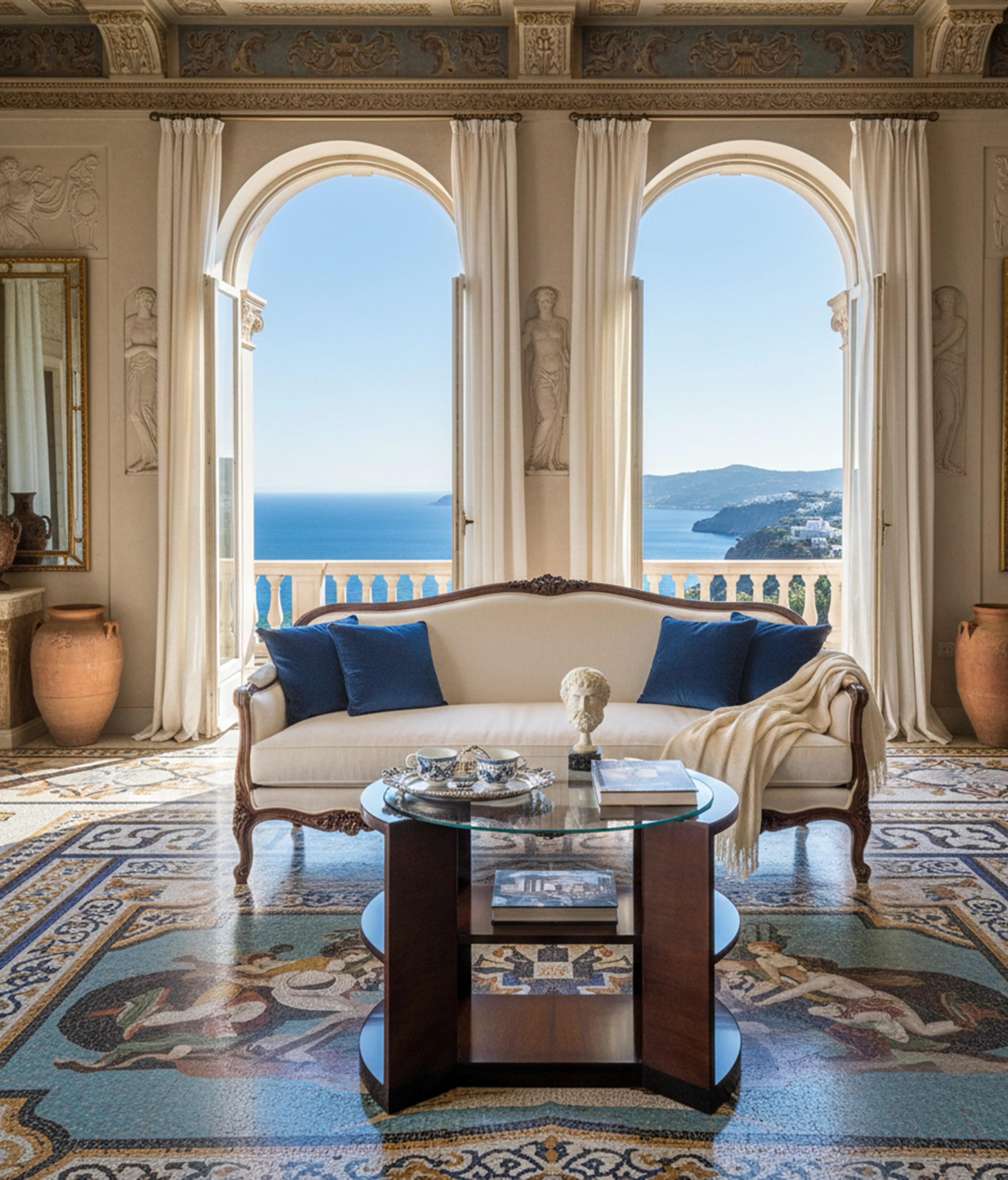 Tavolo antico con vista mare in un elegante salone.