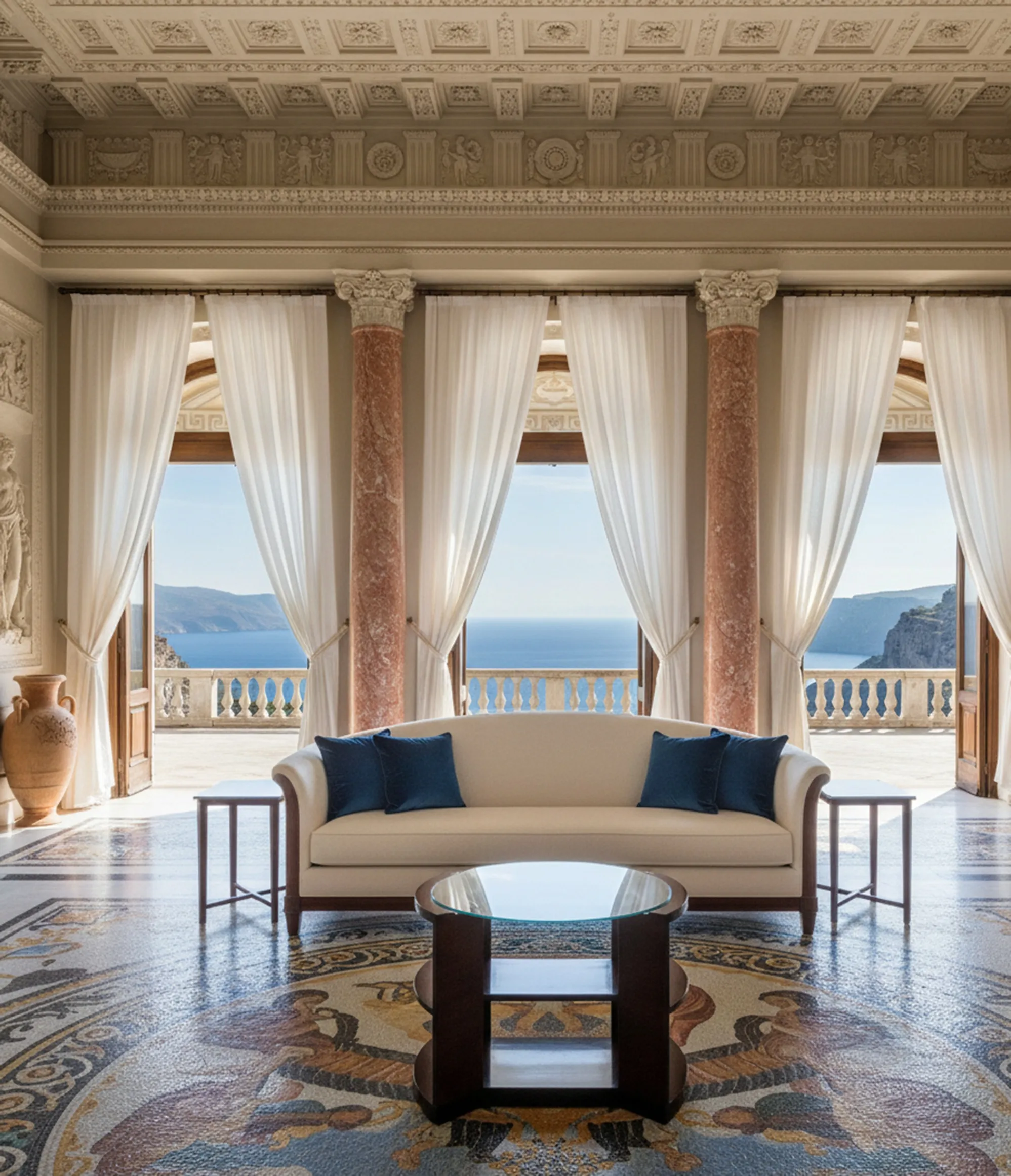 Tavolo antico da salone in un ambiente elegante con vista sul mare.