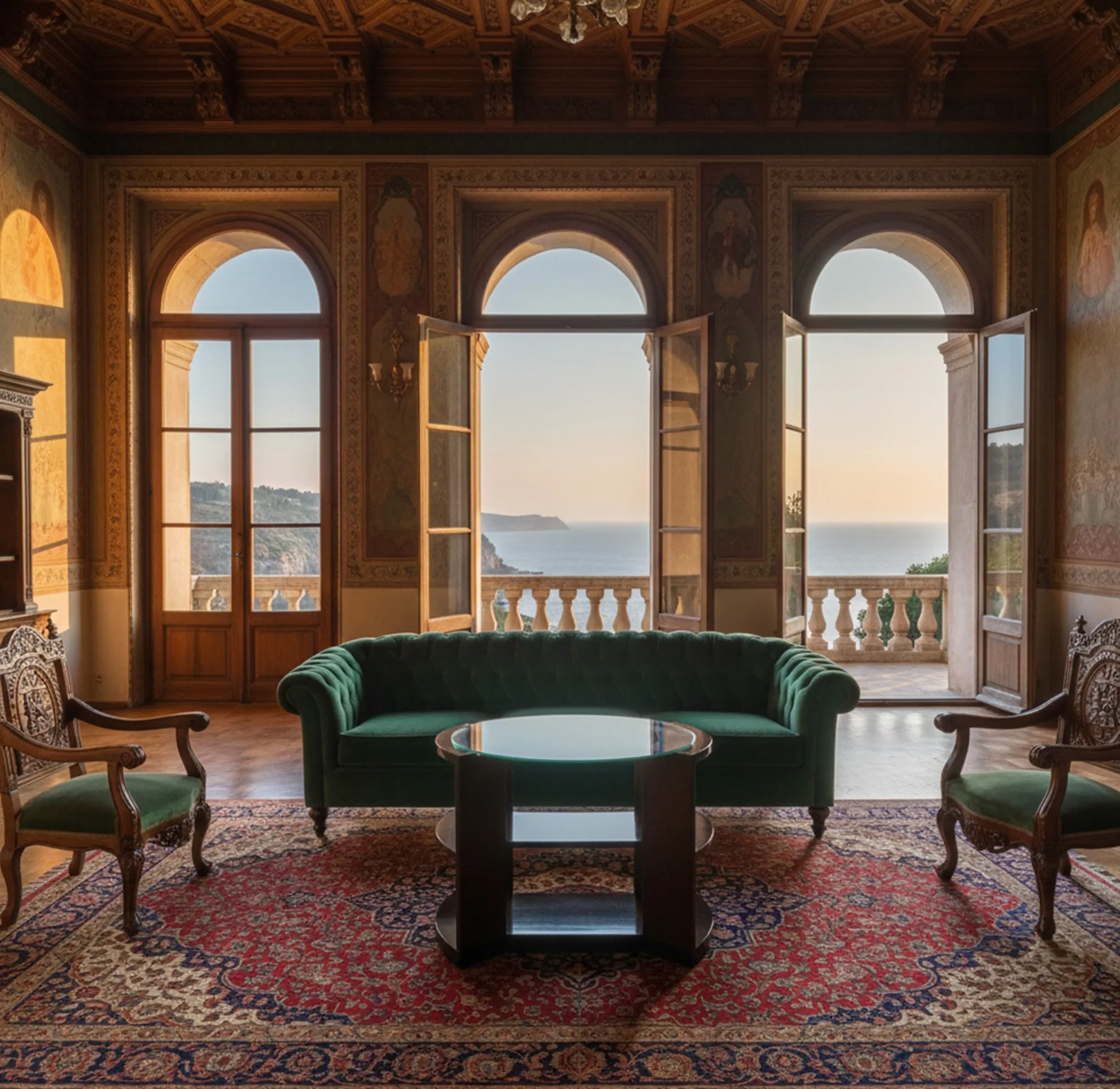 Antiker Tisch in einem Wohnzimmer mit Meerblick, umgeben von Stühlen und eleganter Dekoration.