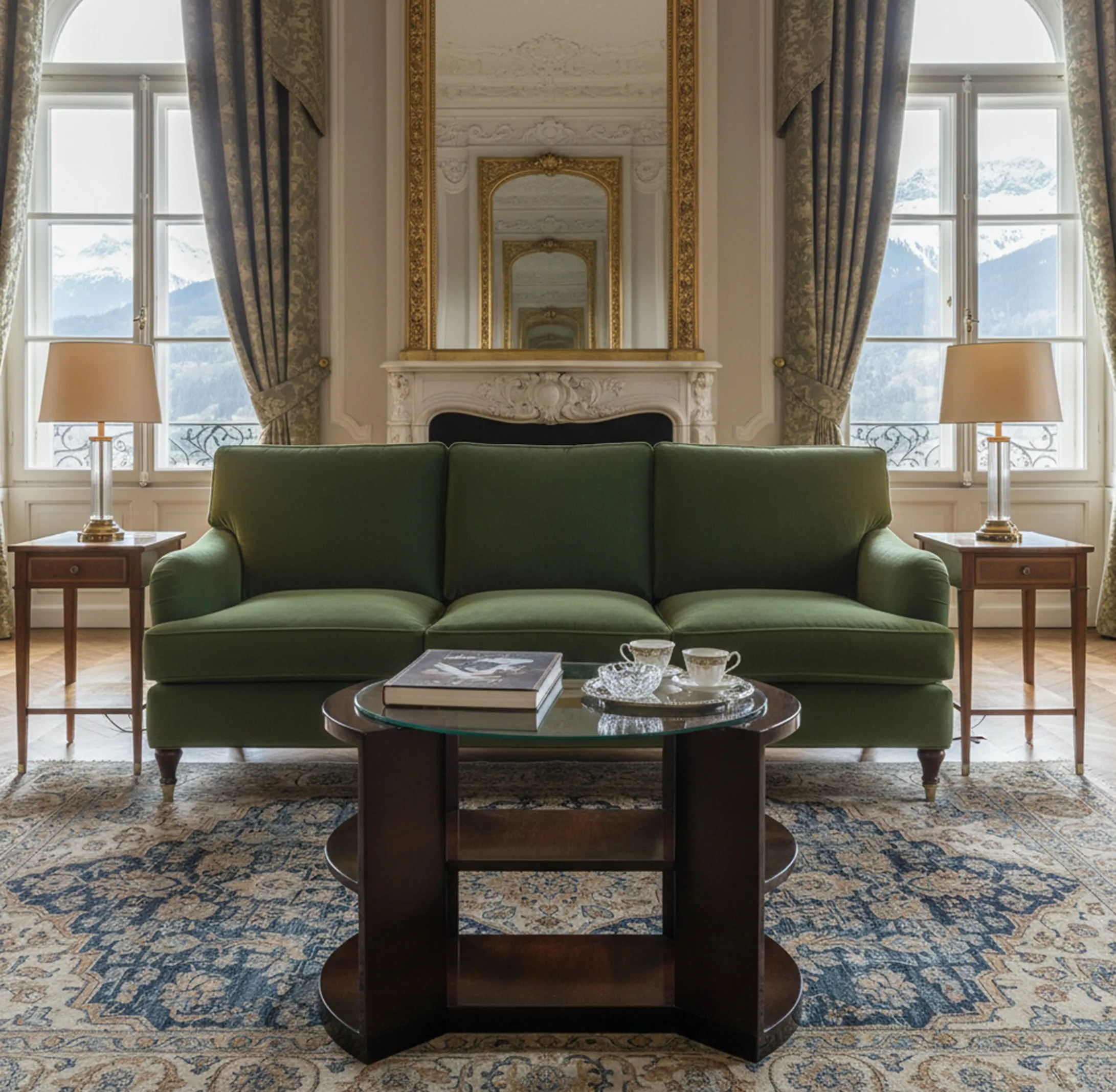 Tavolo antico di stile classico in una sala elegante con divano verde.