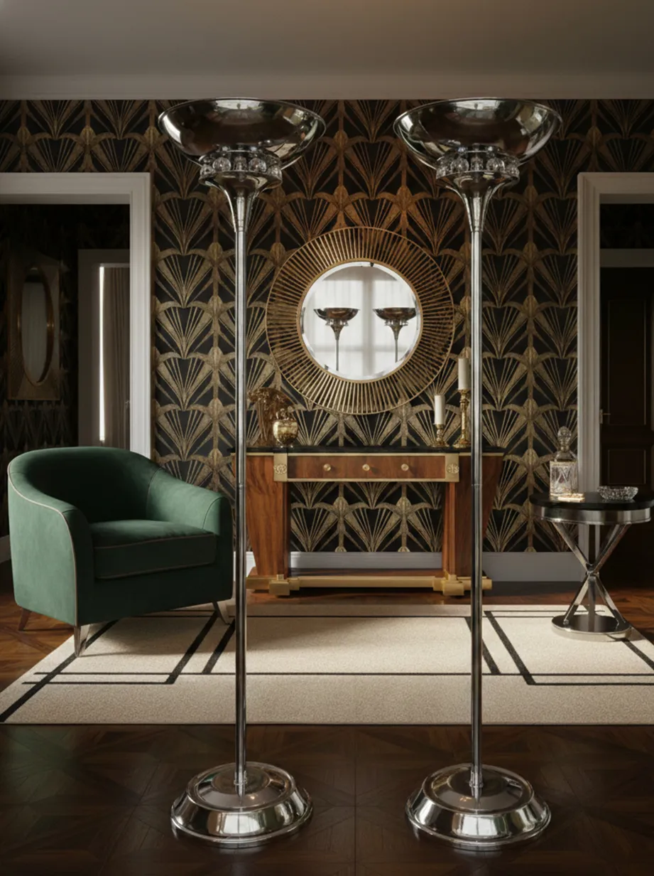 Zwei antike Stehleuchten im Art Deco-Stil vor einem Spiegel