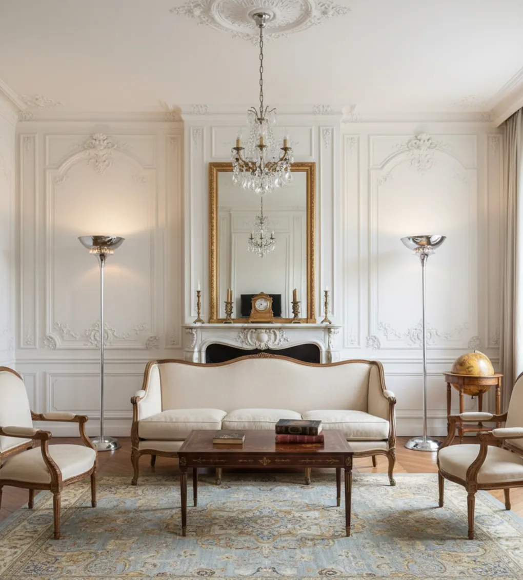 Two antique floor lamps in Art Deco style in an elegant living room with chandeliers and a clock