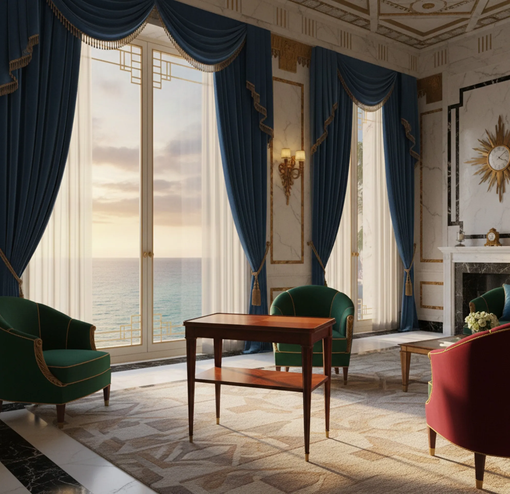 antiga mesinha em ambiente elegante próximo a janelas com vista para o mar