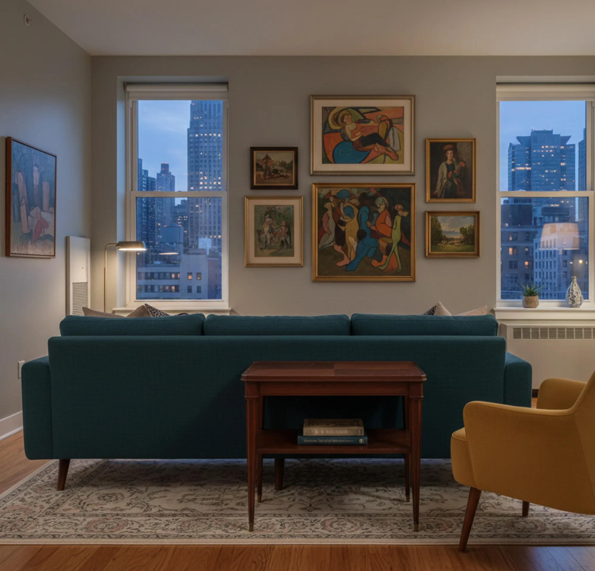 mesita antigua de salón, decorada con un libro y en un ambiente acogedor con arte en la pared