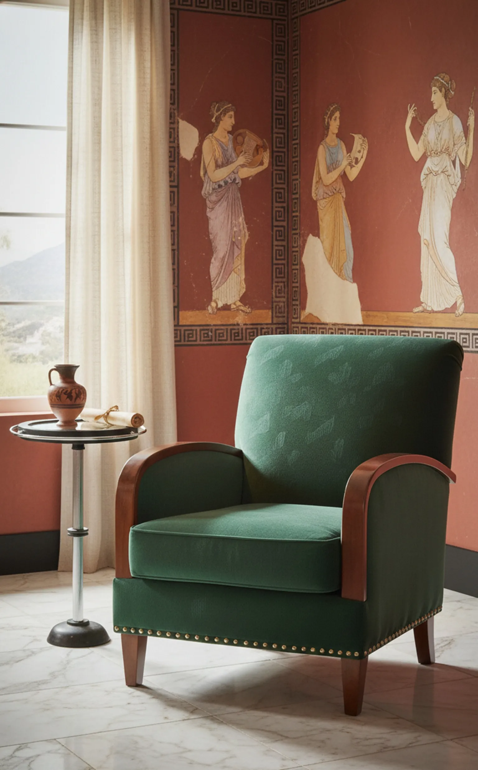 Mesita antigua situada junto a un sillón verde en un ambiente acogedor