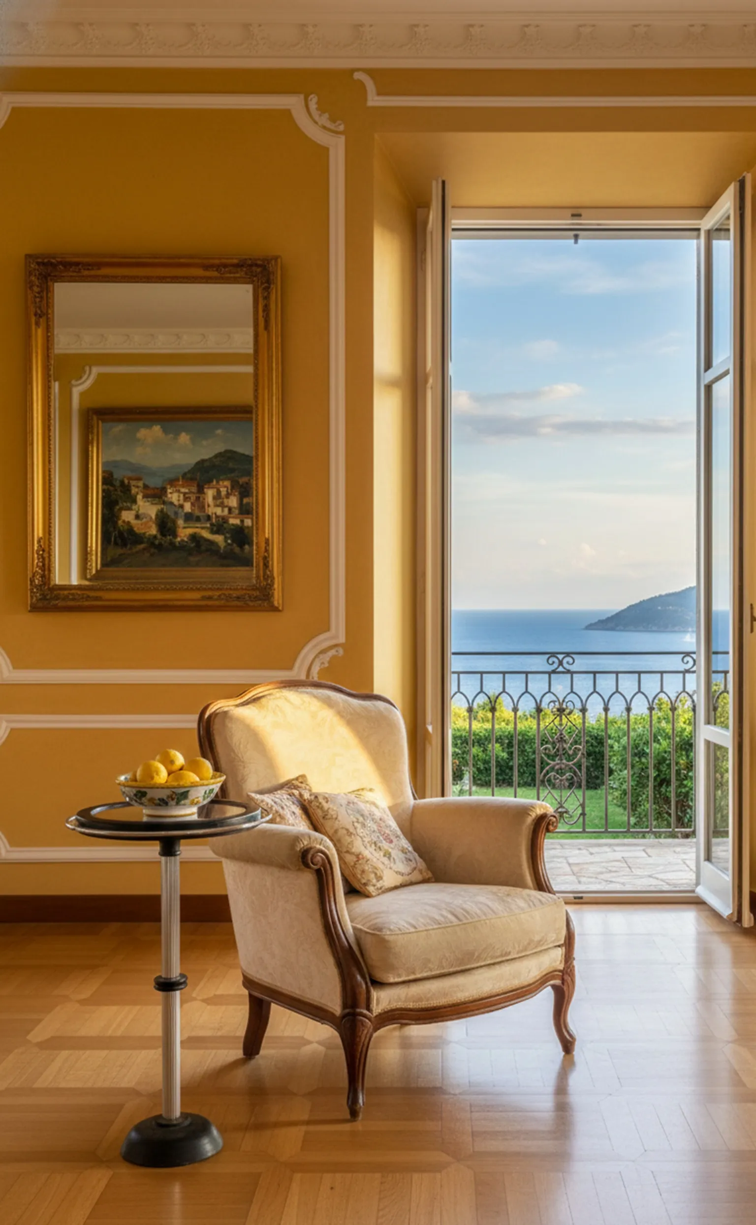 Tavolino antico con supporto semplice e limoni decorativi