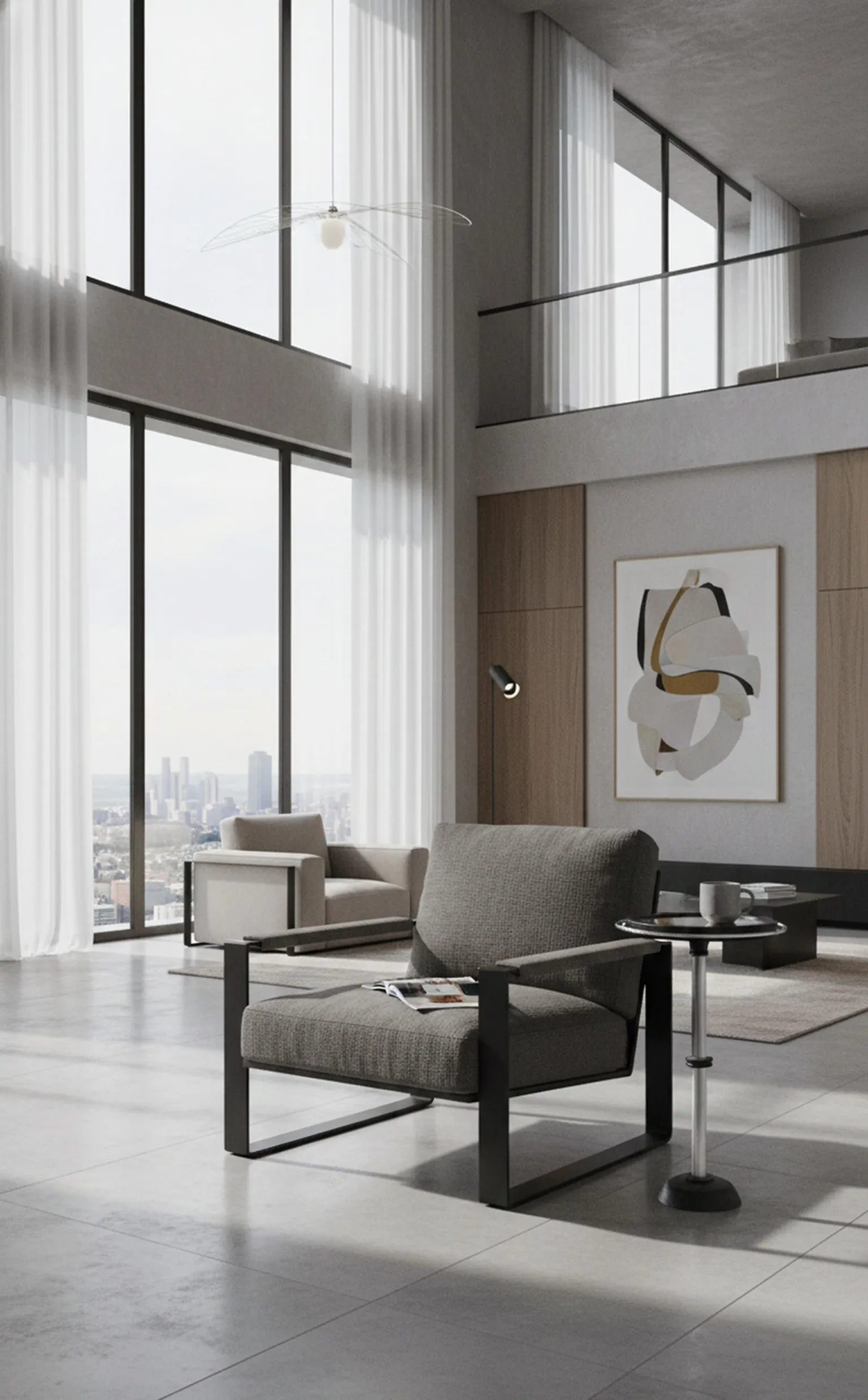 small antique table in a modern setting with a sofa and window