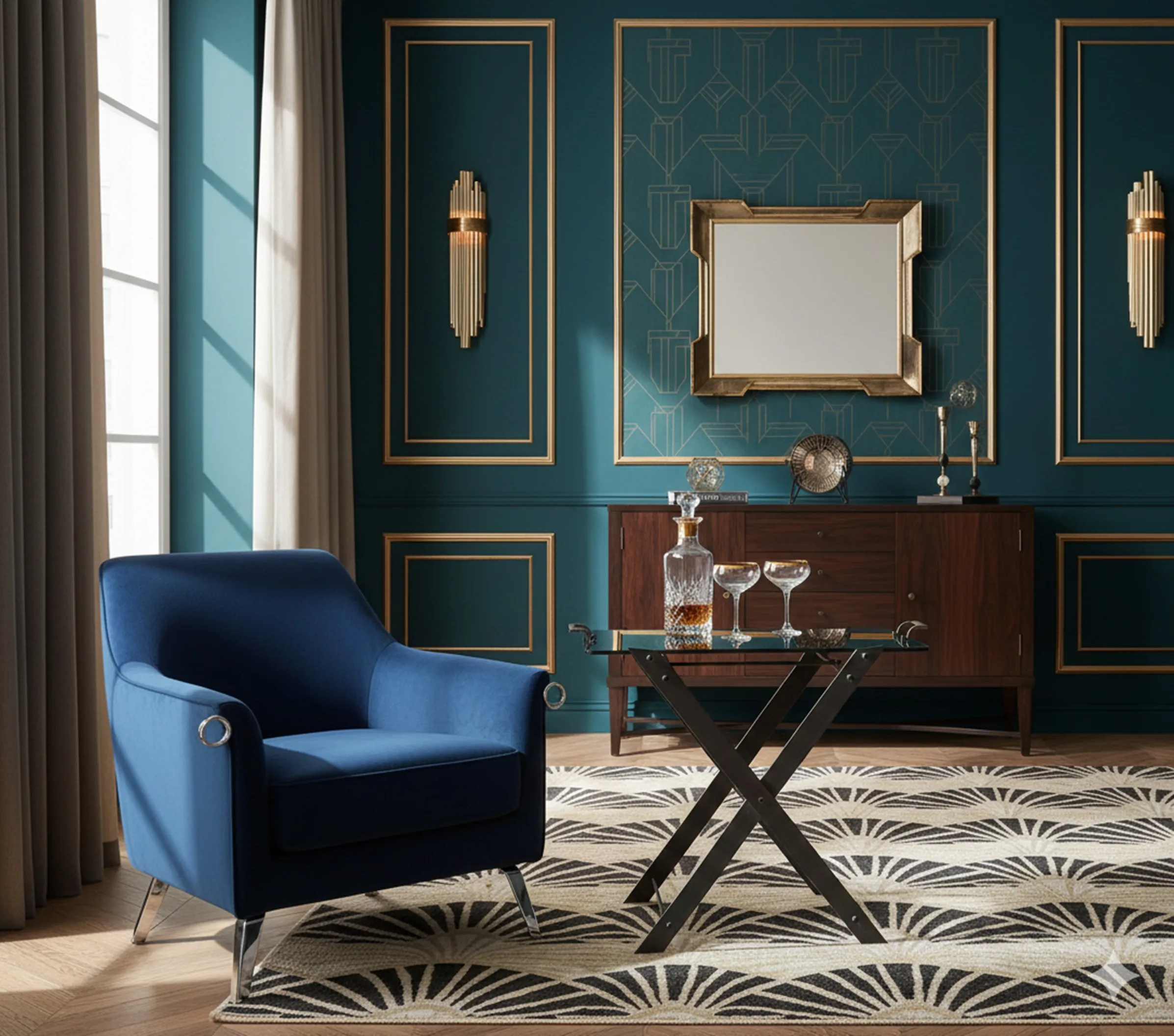 mesa antigua decorativa en un ambiente elegante con sillón azul