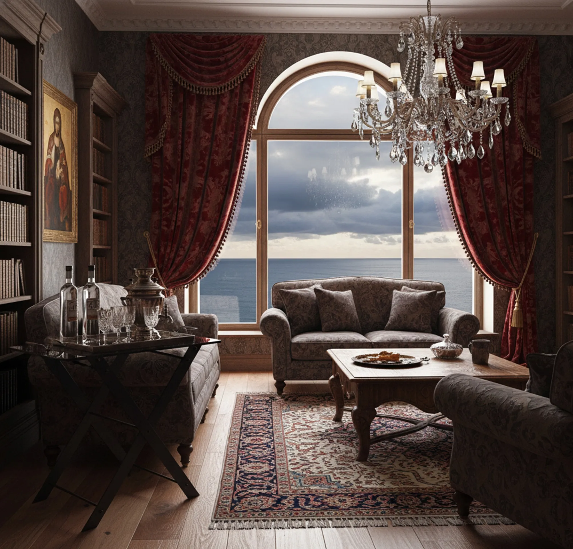 Tableau ancien dans un salon confortable avec canapé et fenêtre