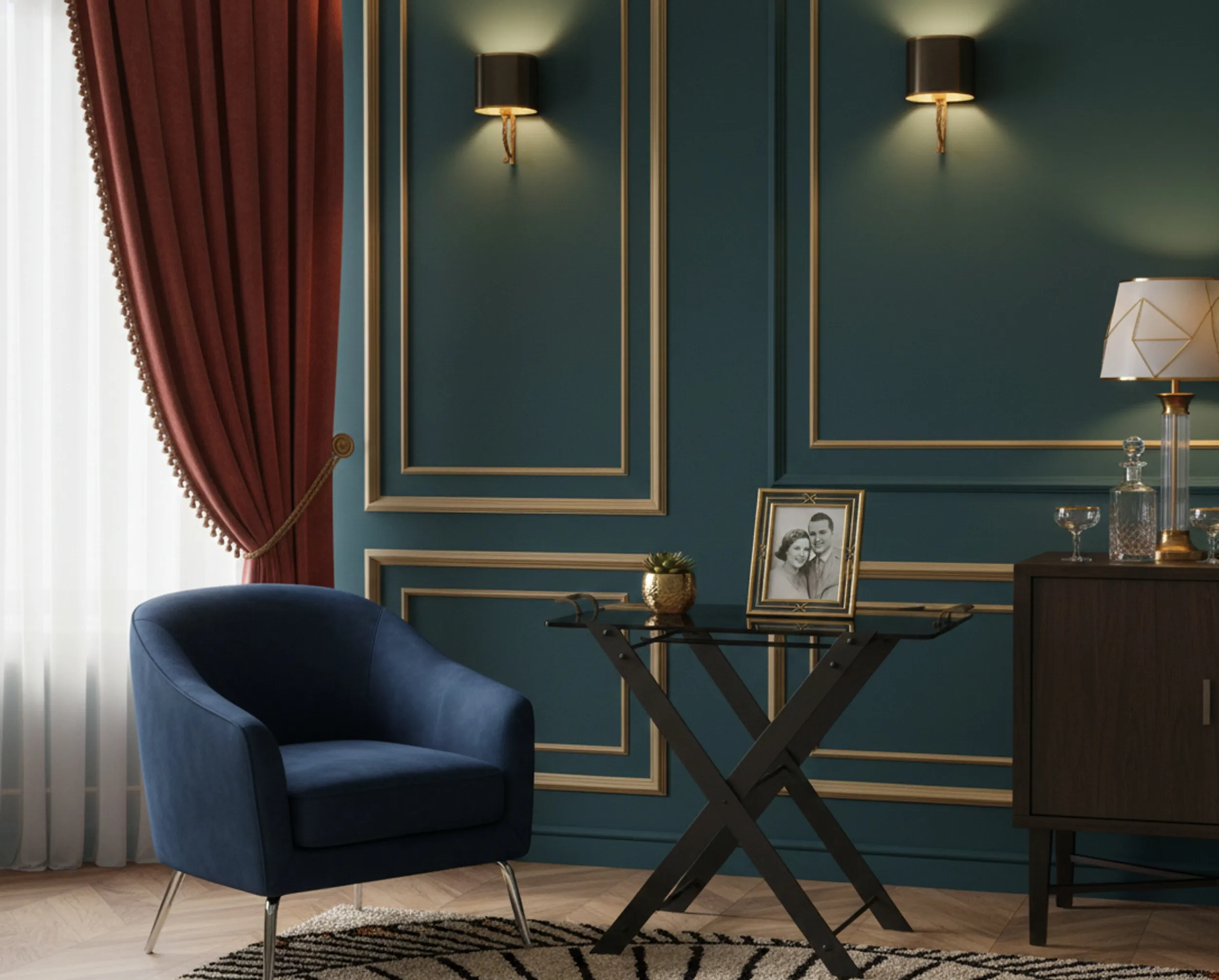 Mesa antiga em um ambiente aconchegante com detalhes elegantes.