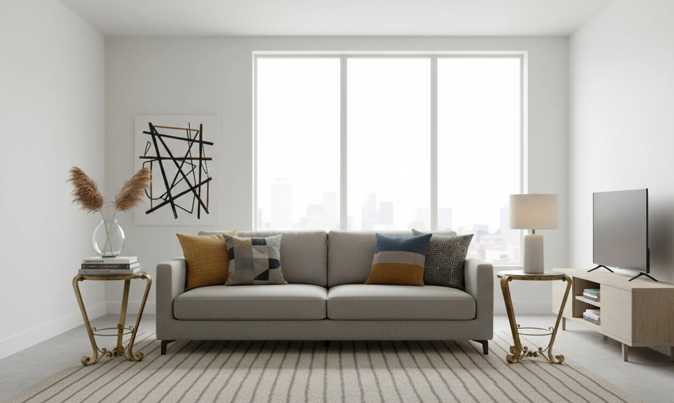 2 tavolini antichi eleganti in un soggiorno moderno, decorati con fiori