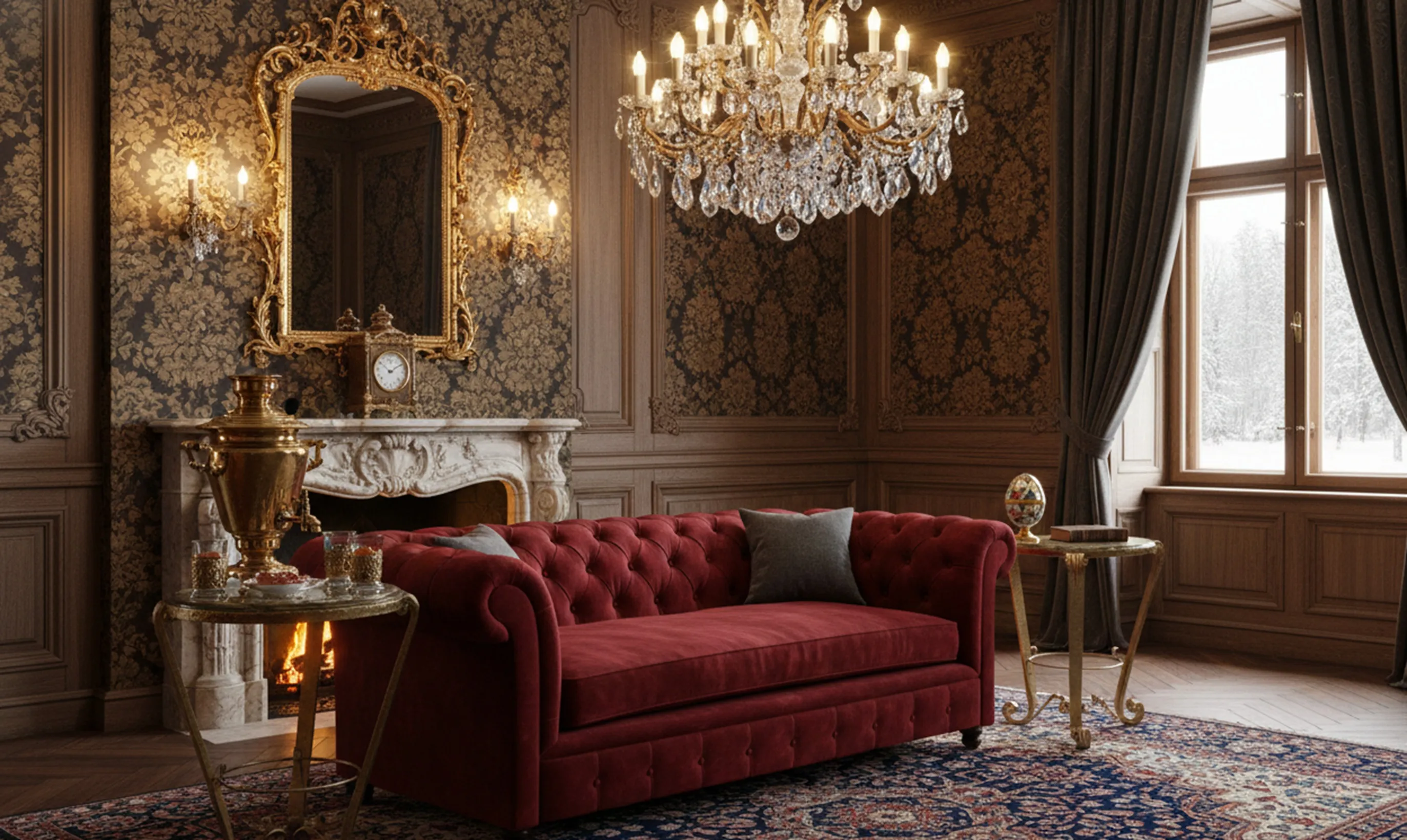 duas mesinhas antigas decorativas, ambiente elegante com sofá vermelho