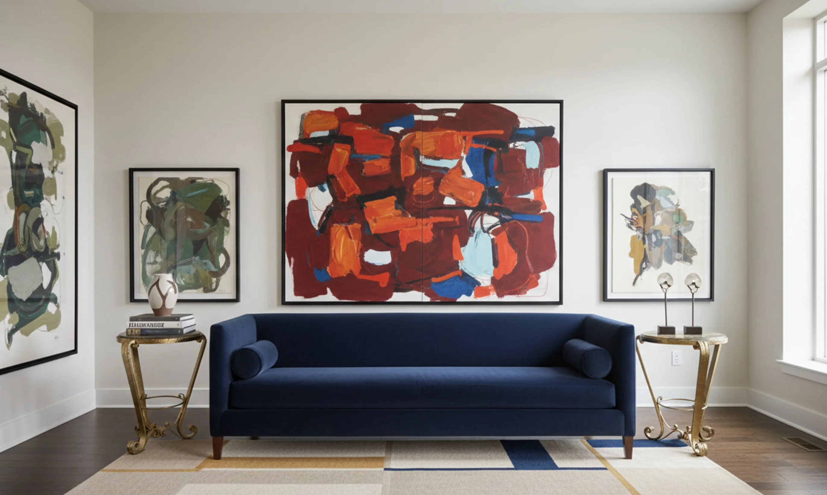 Duas mesinhas antigas em uma sala de estilo moderno.