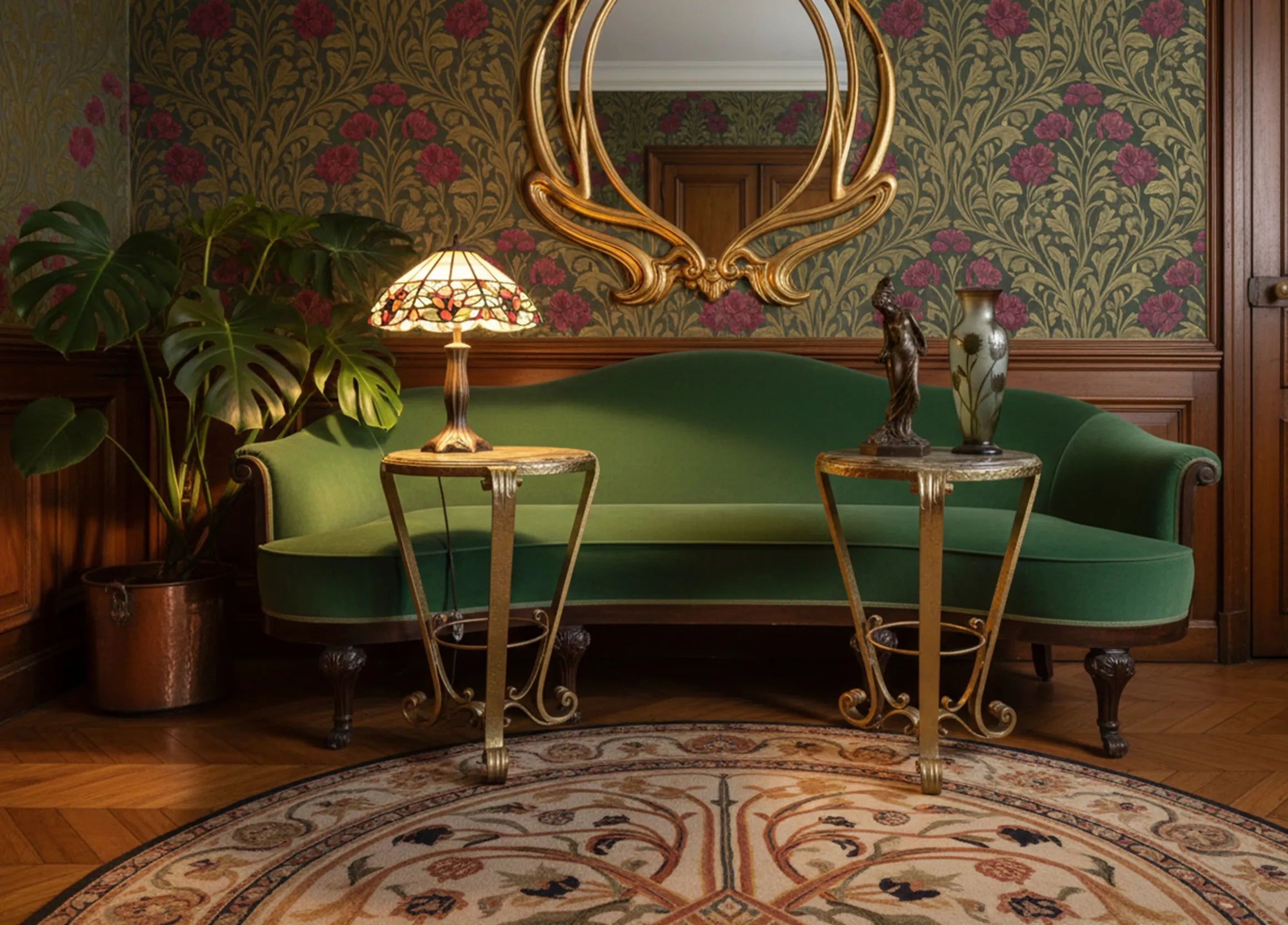 Two antique decorative small tables beside a green sofa