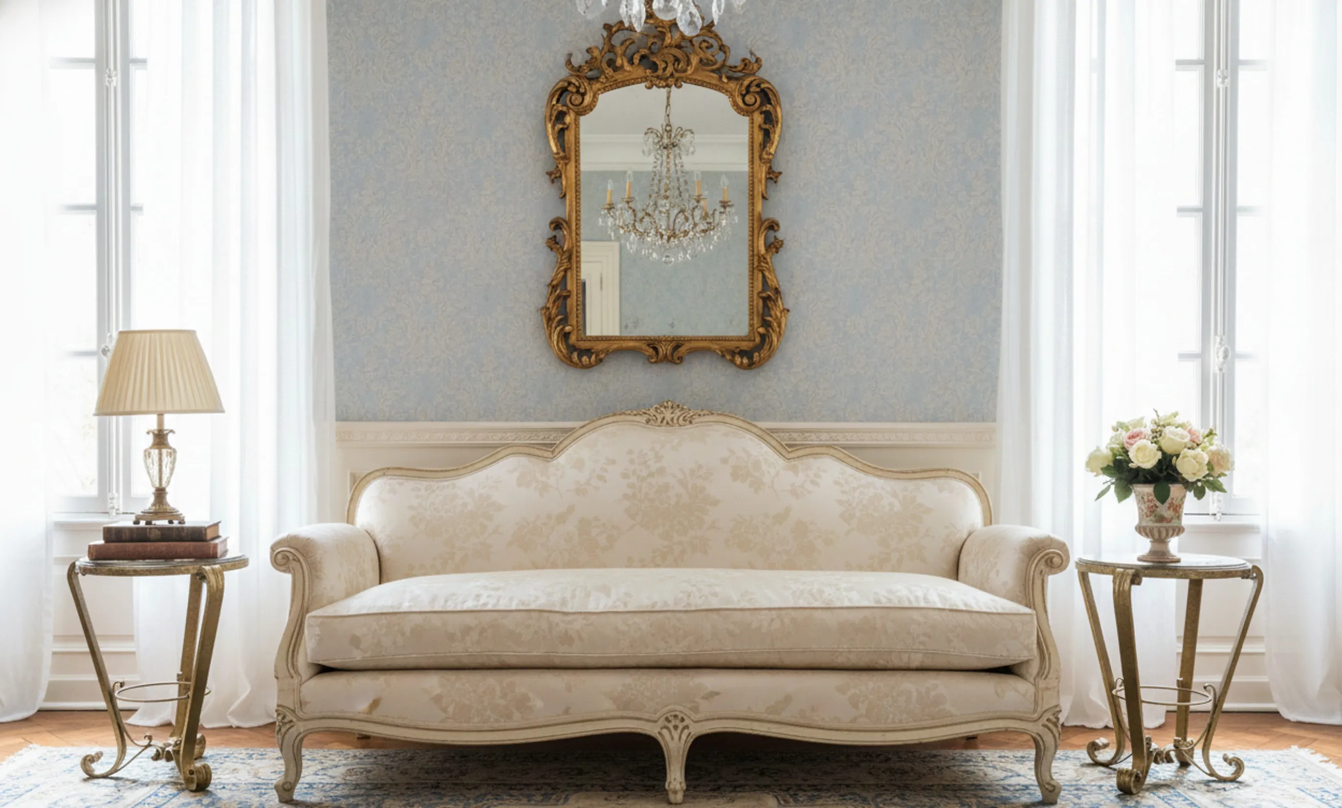 2 kleine antike Tische in einem eleganten Wohnzimmer mit Sofa und Lampe