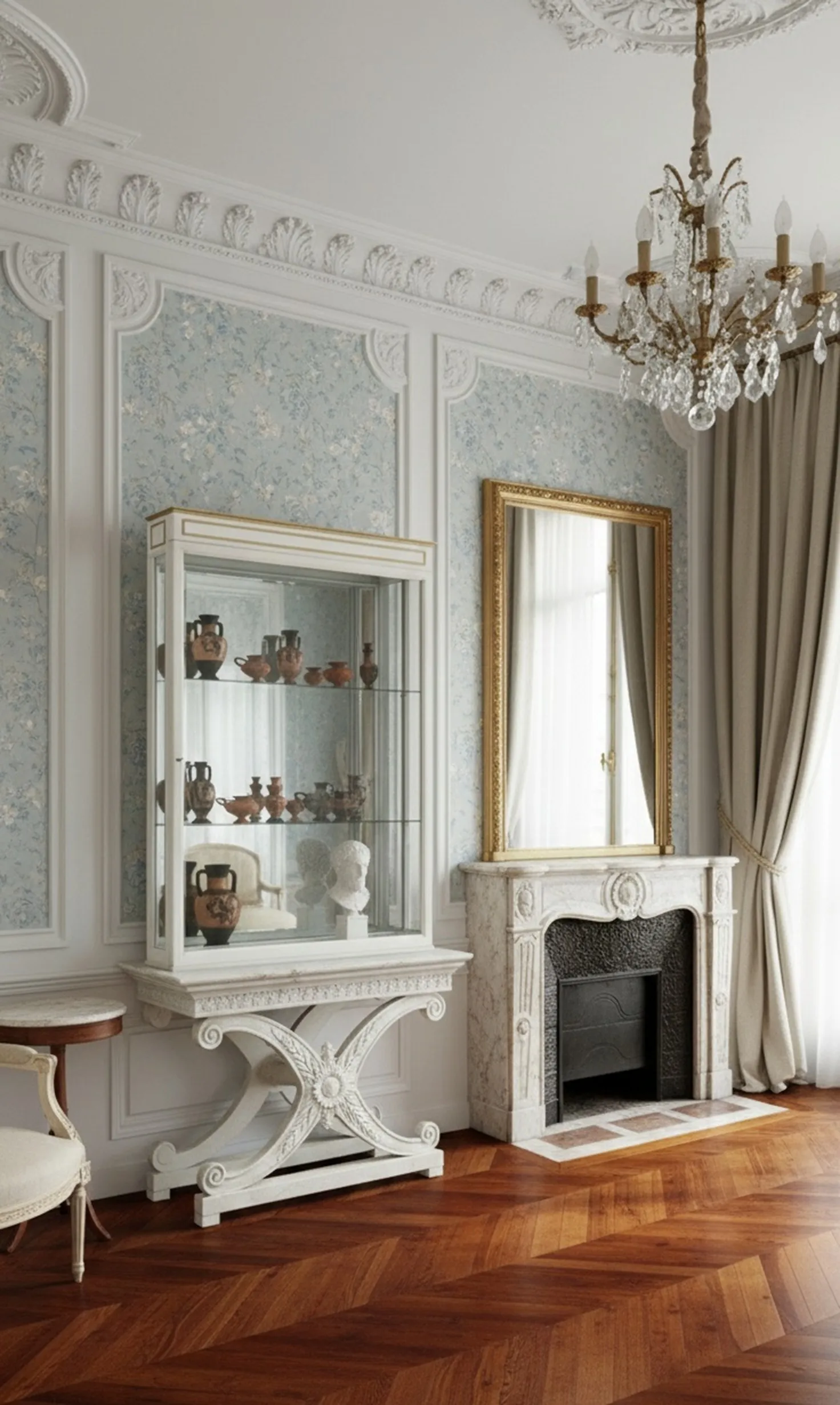 Vitrine antiga maison jansen com decoração elegante e itens vintage.