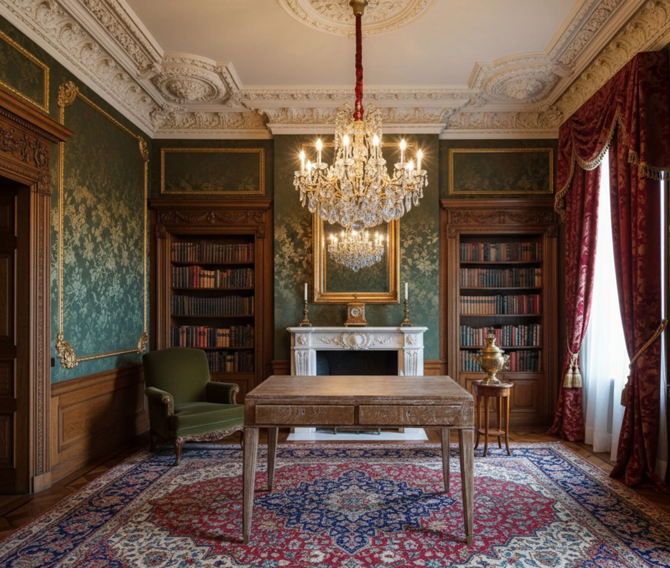 antique decorative desk in an elegant room with a crystal chandelier