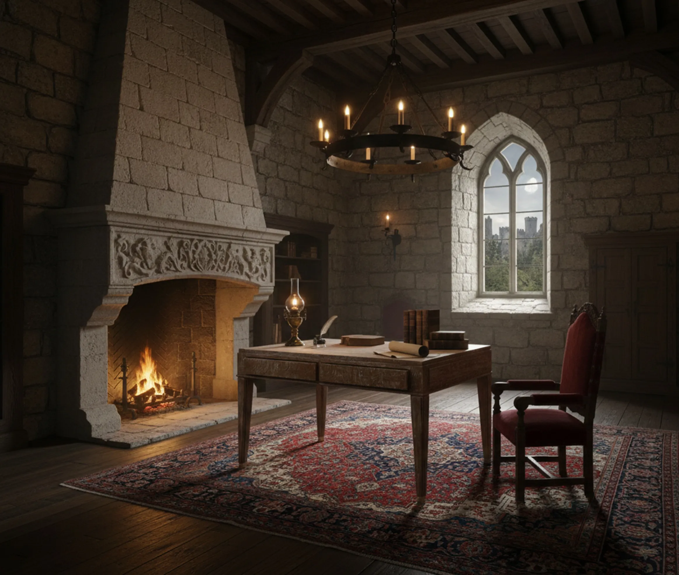 Vista de un escritorio antiguo en una habitación con chimenea y estanterías, decorado con un sofá rojo.