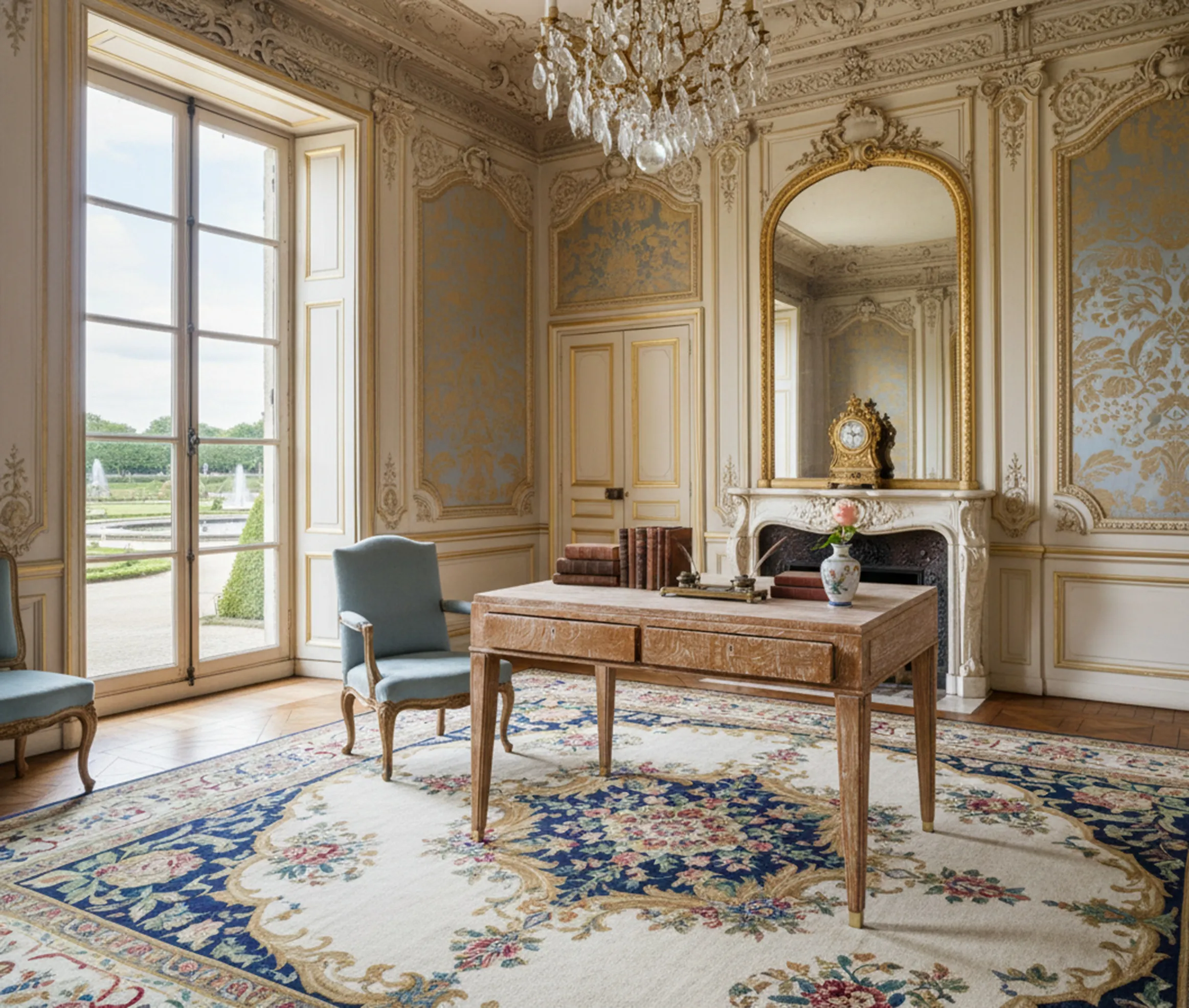 escritorio antigo em uma sala elegante com lustre