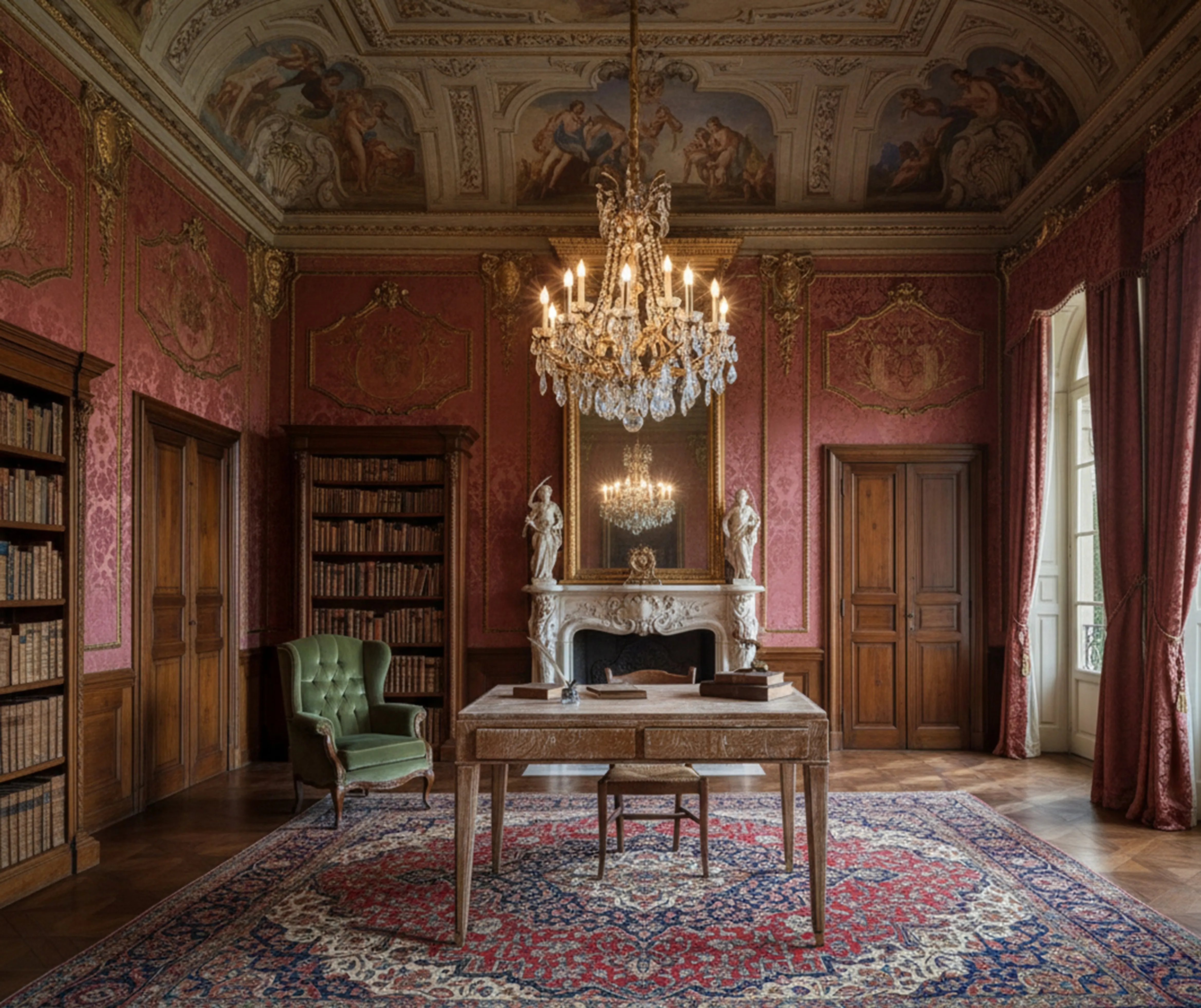 antiker Schreibtisch mit elegantem Dekor und Bibliothek