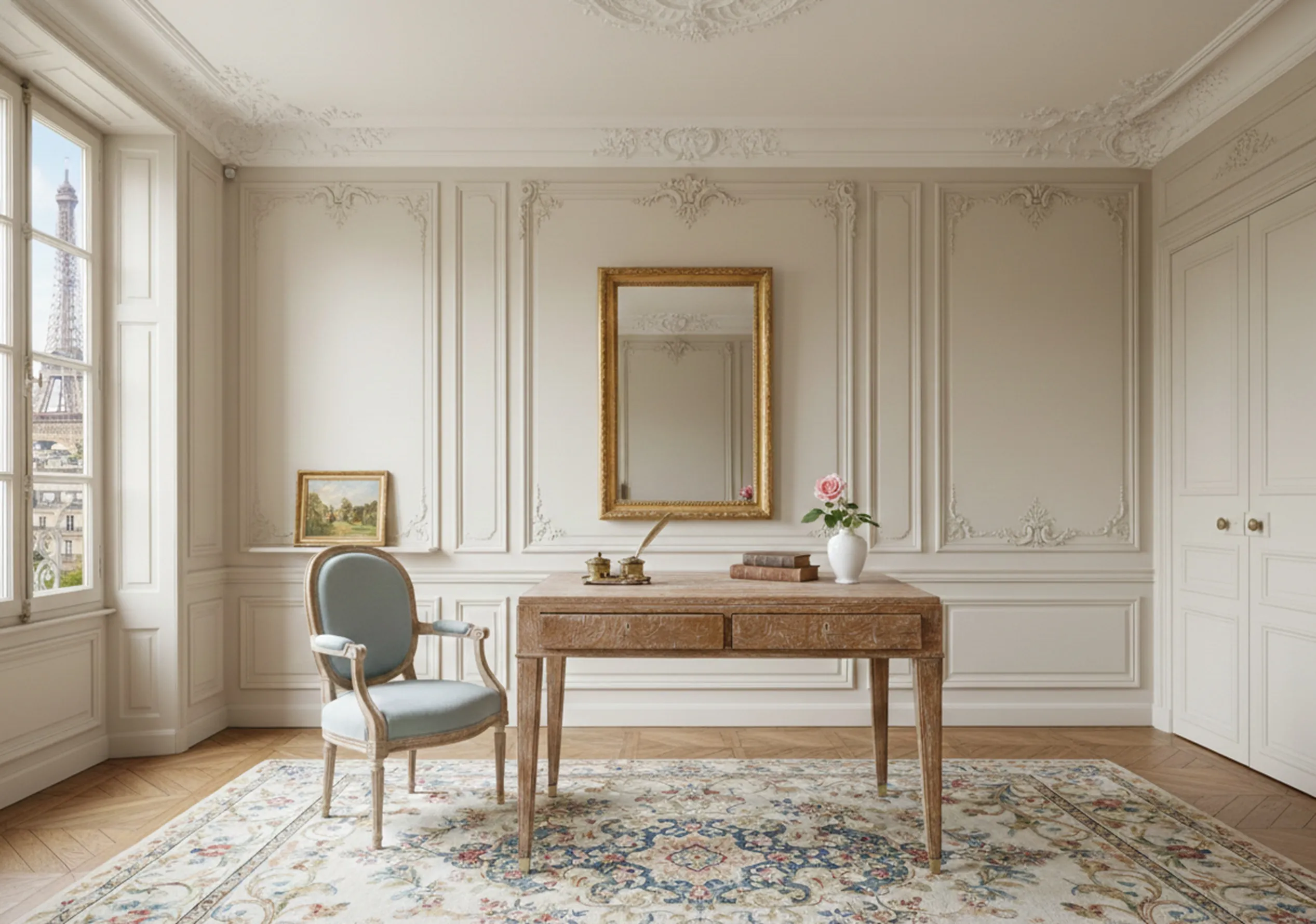 Scrivania antica con sedia in un elegante salone parigino.