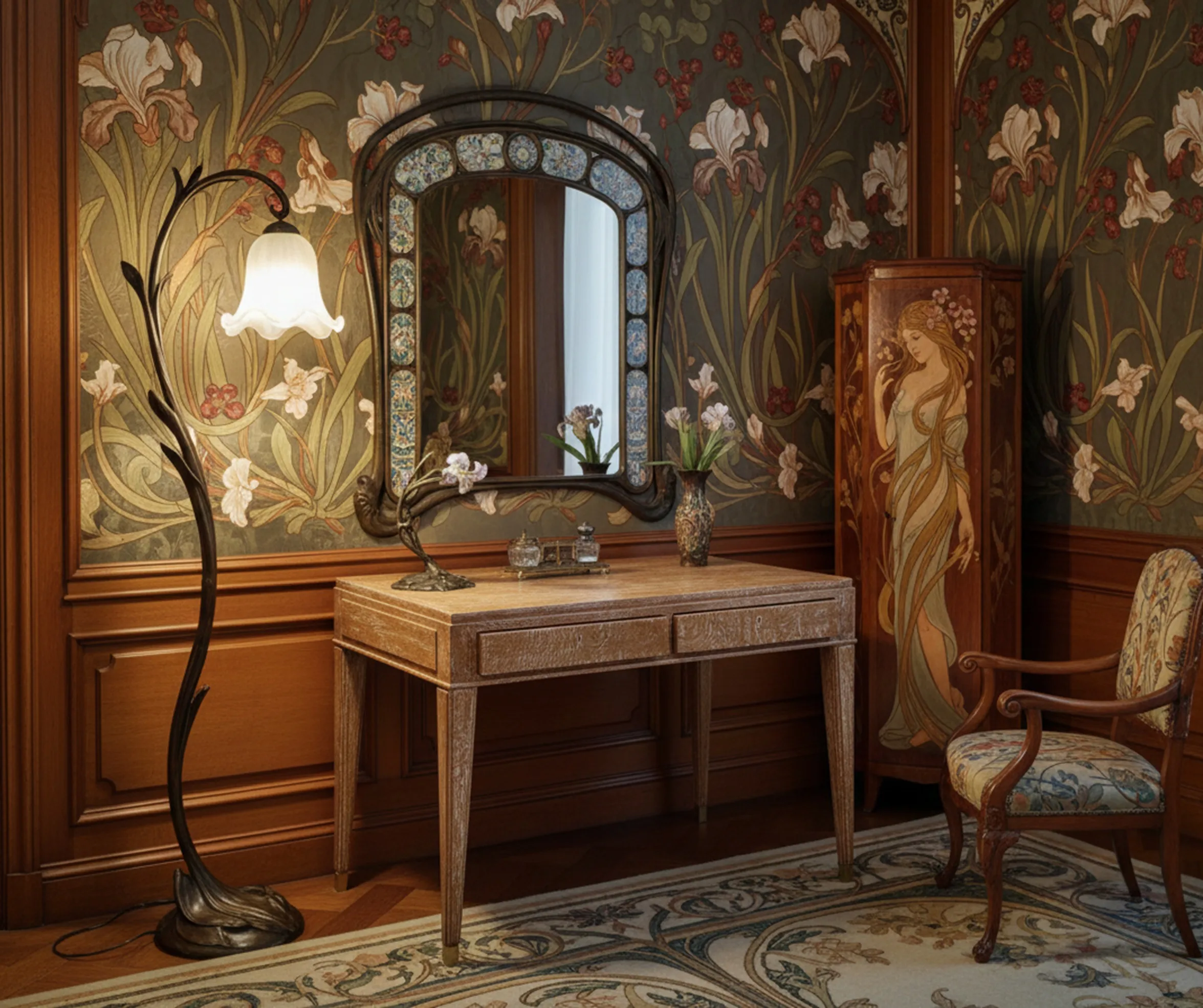 Bureau ancien avec des détails ornés et un miroir