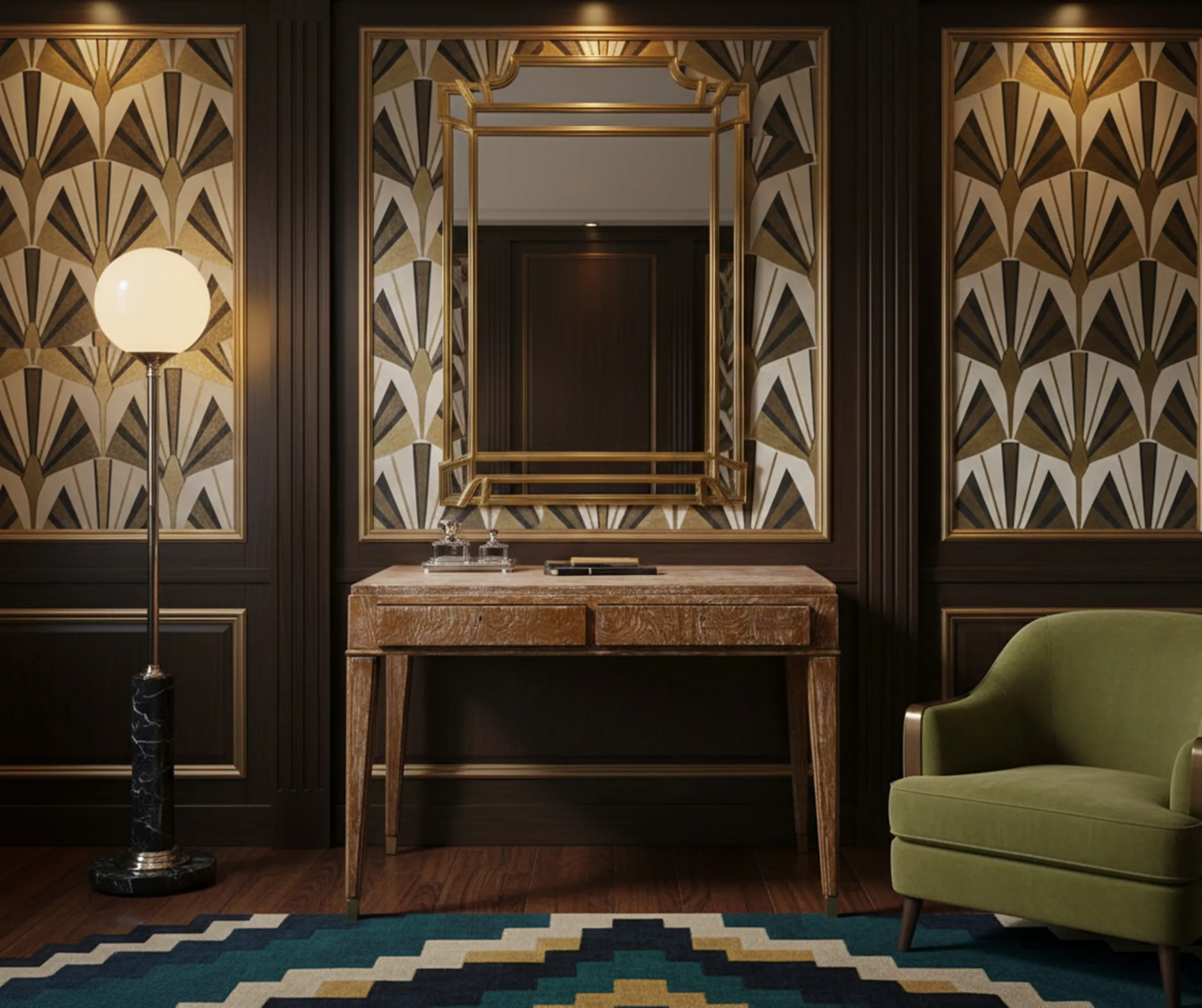 antique desk with mirror and lamp, elegant ambiance