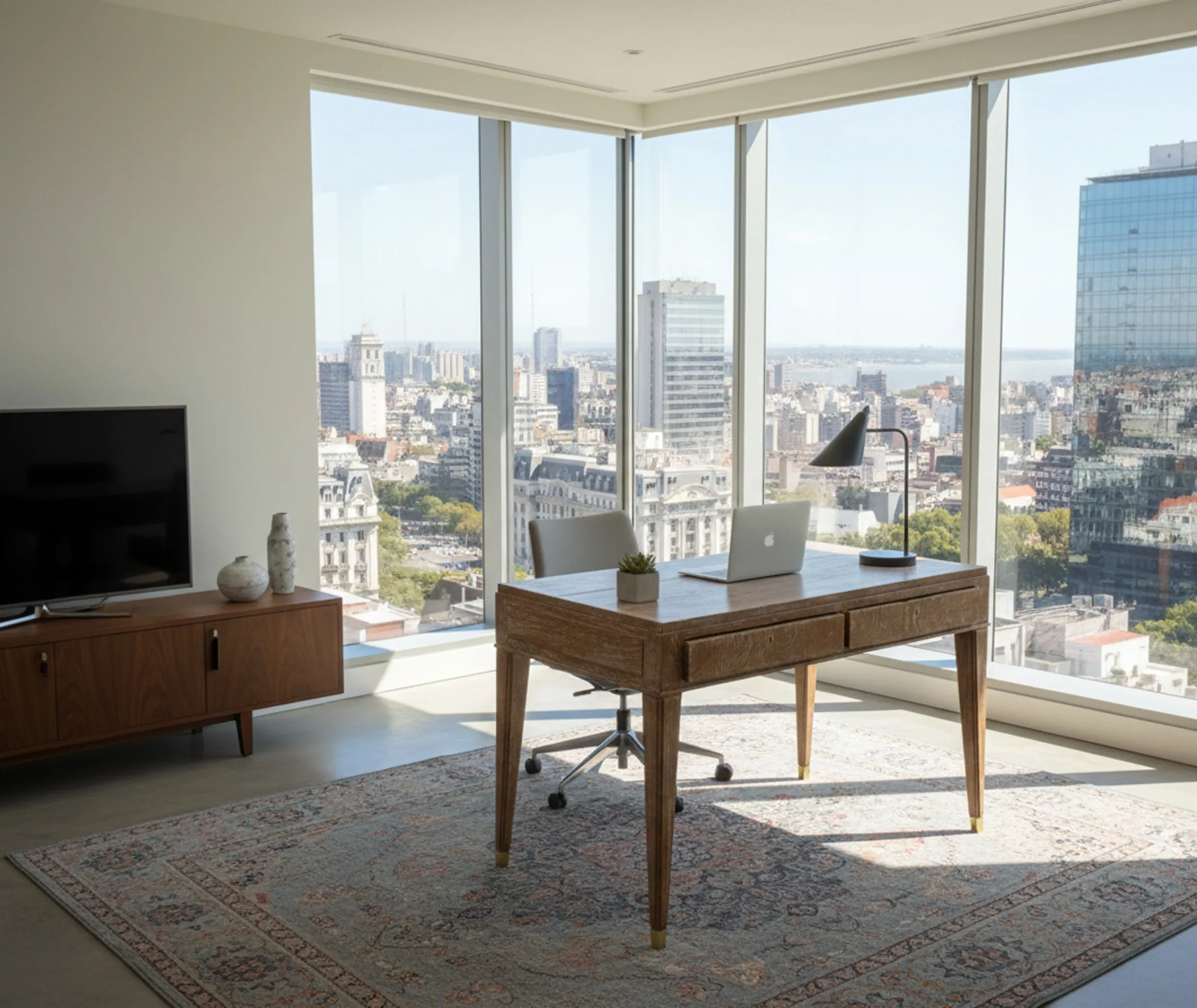 bureau ancien avec vue sur la ville et macbook