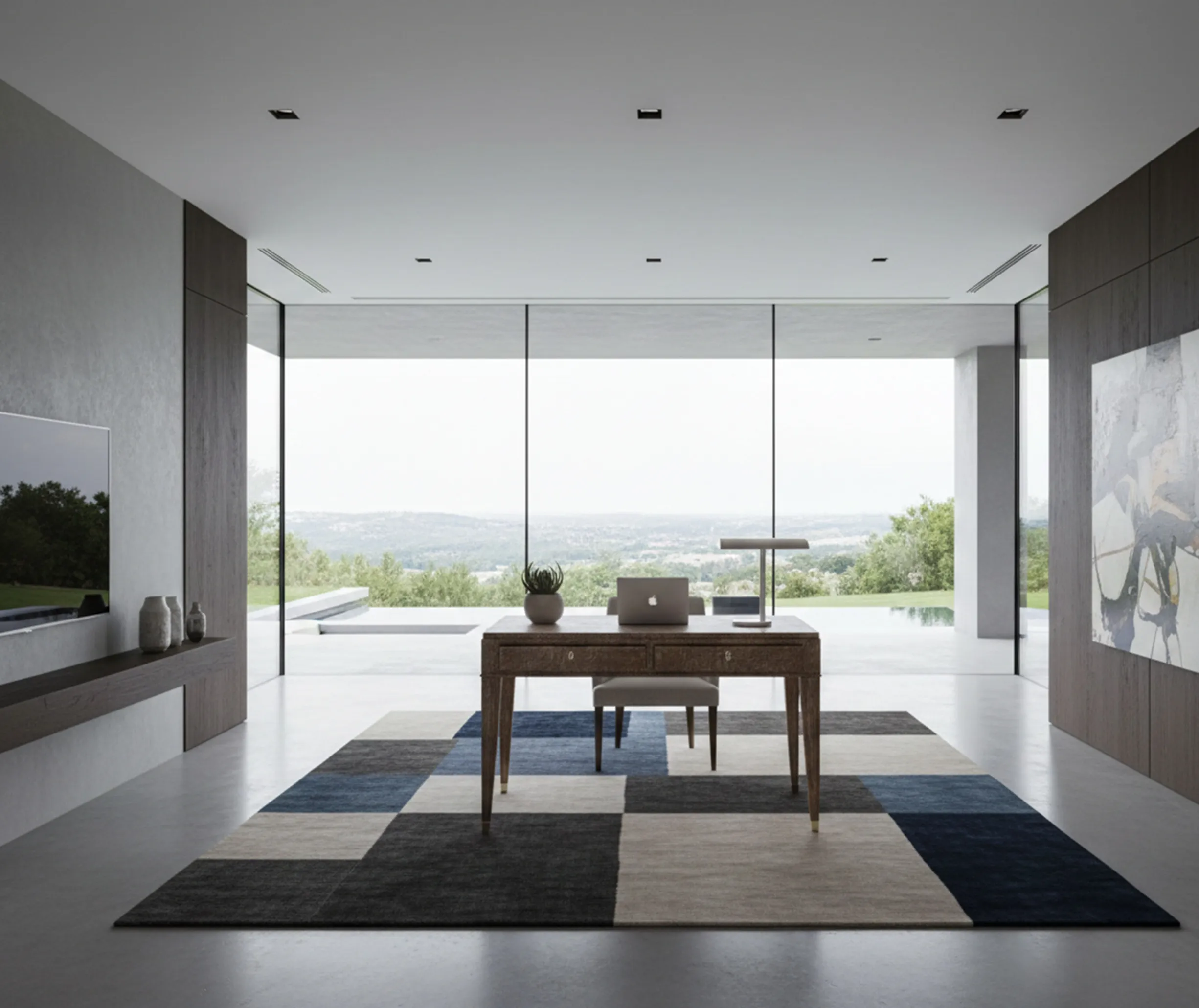 Escritório antigo com design moderno e vista externa.