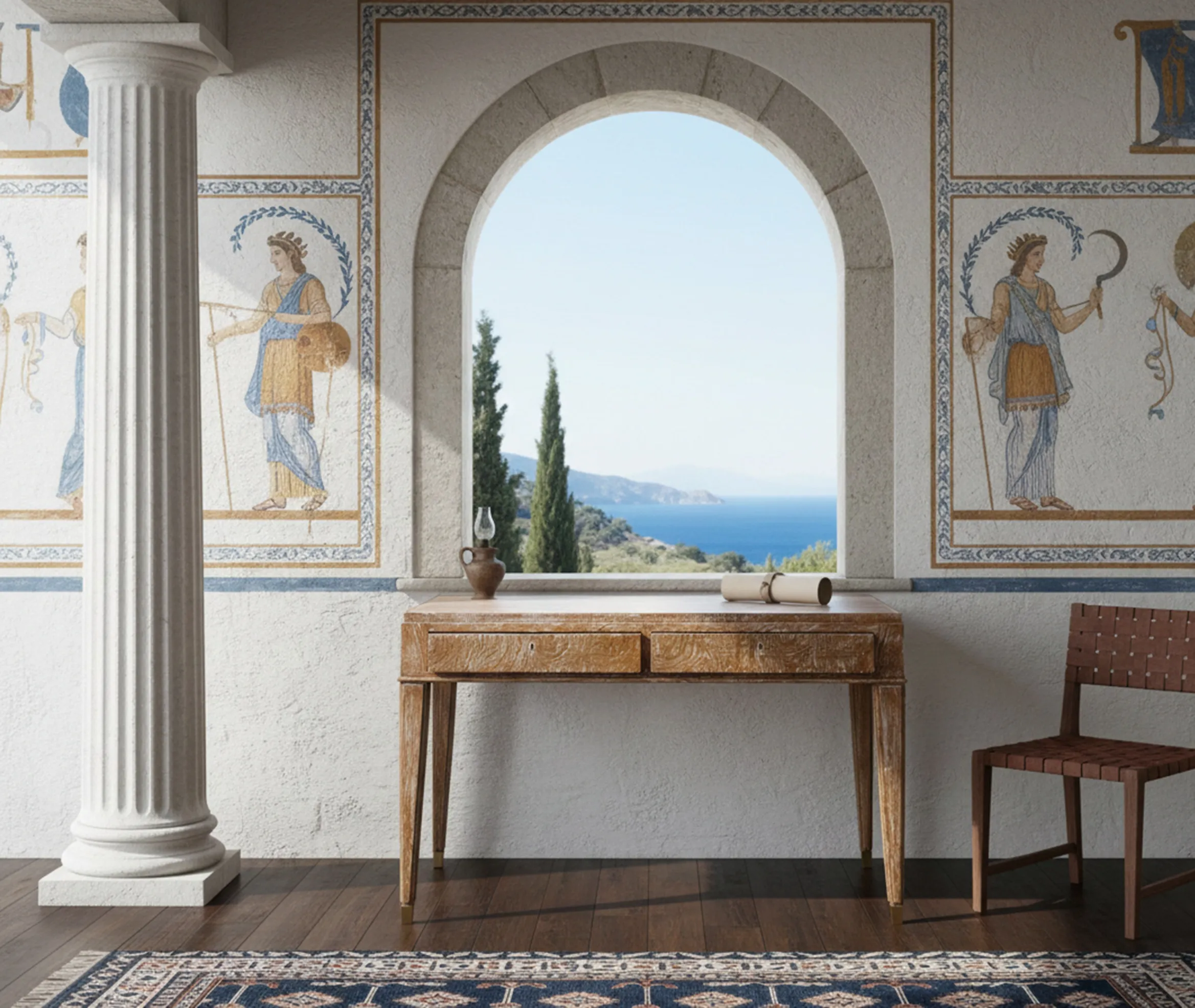 antique desk with marine views and wall decoration