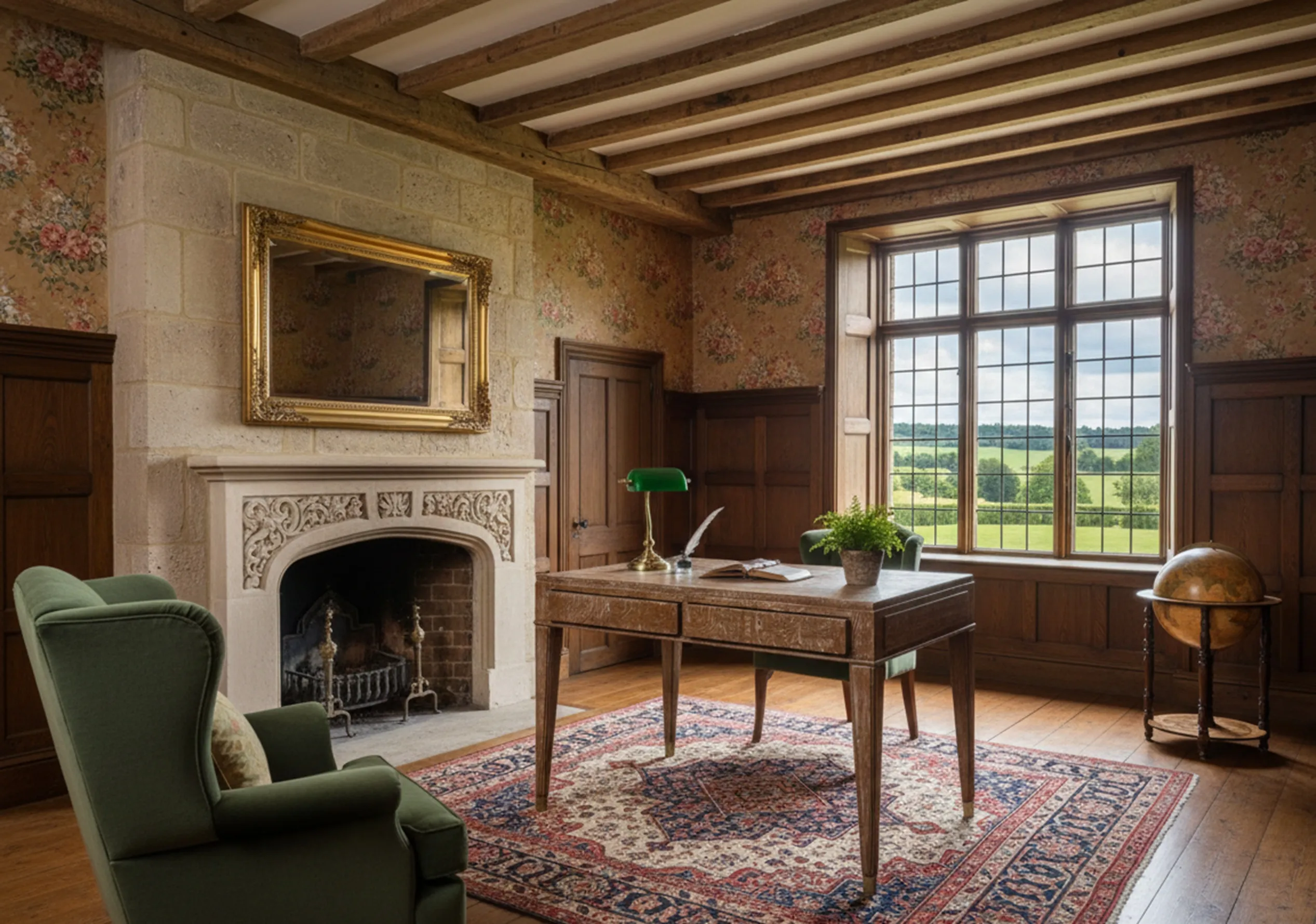 Antique desk in a room with a window, adorned with floral wallpaper.