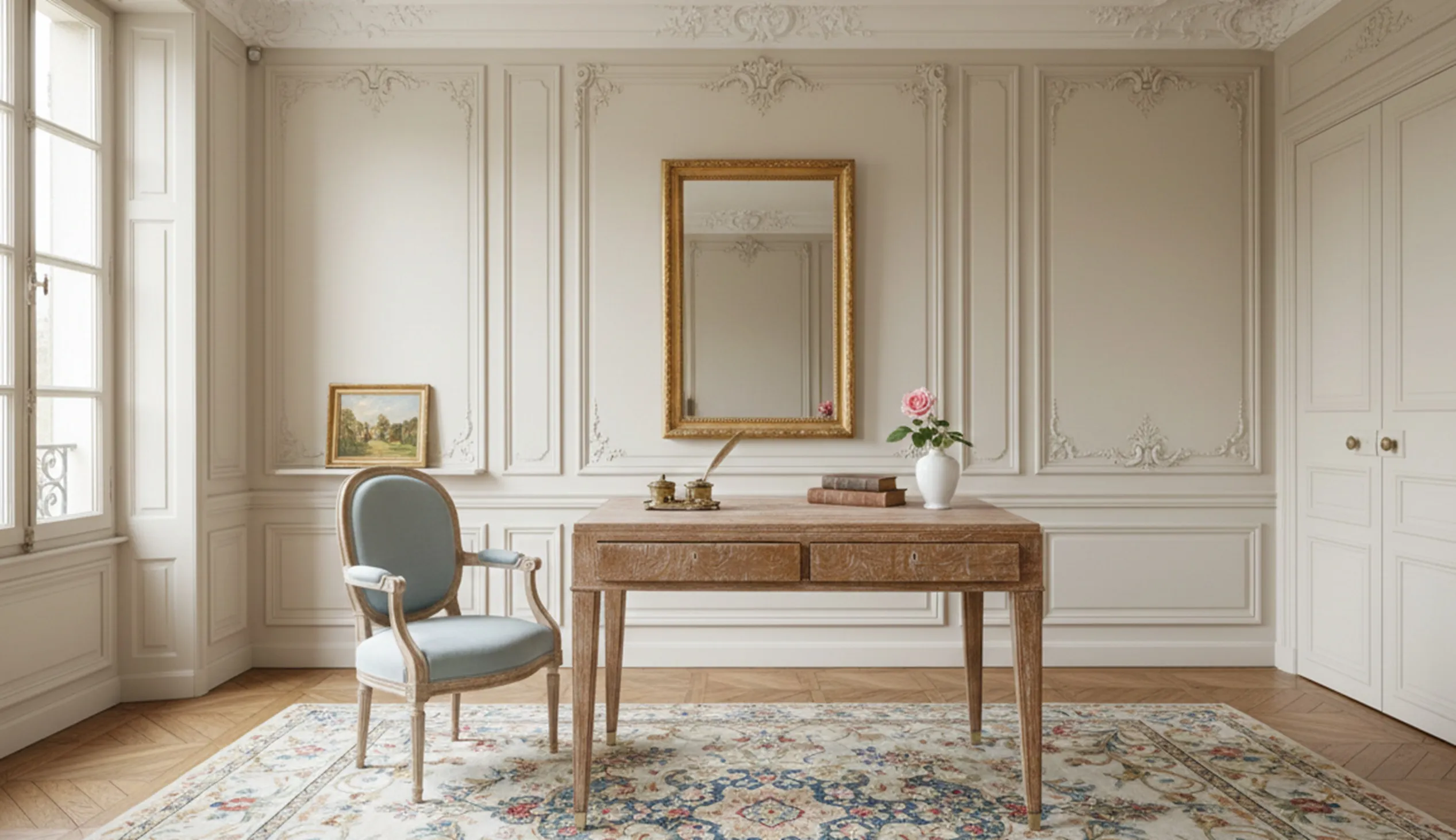 Escritorio antiguo con decoraciones en un salón