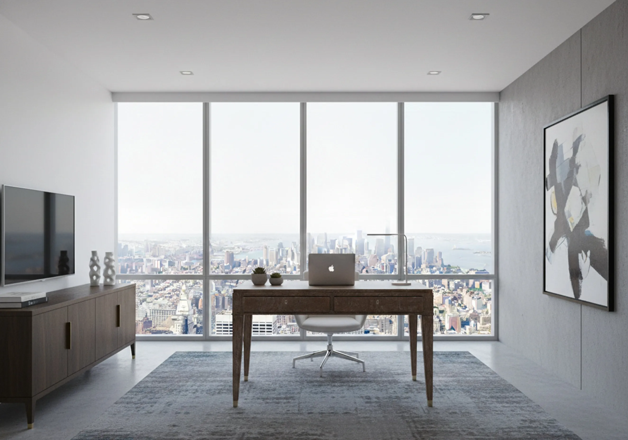antique desk with laptop in modern office with panoramic window