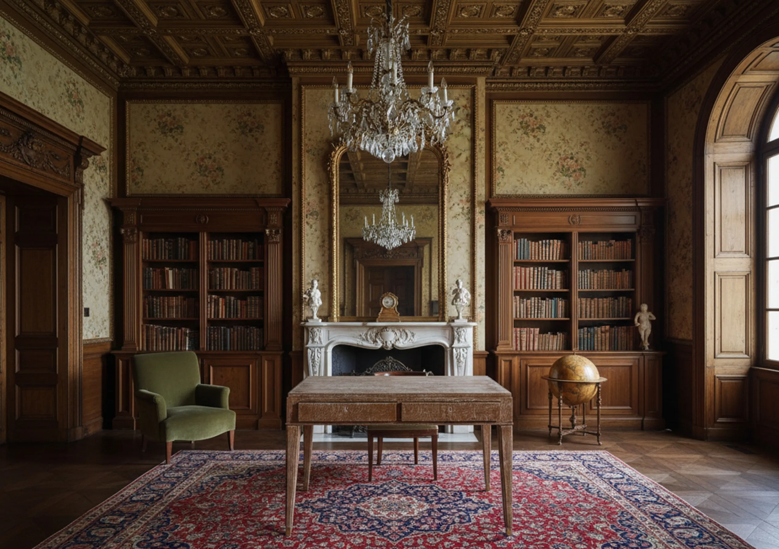 Scrivania antica in un ambiente classico ed elegante, circondata da librerie e un camino.